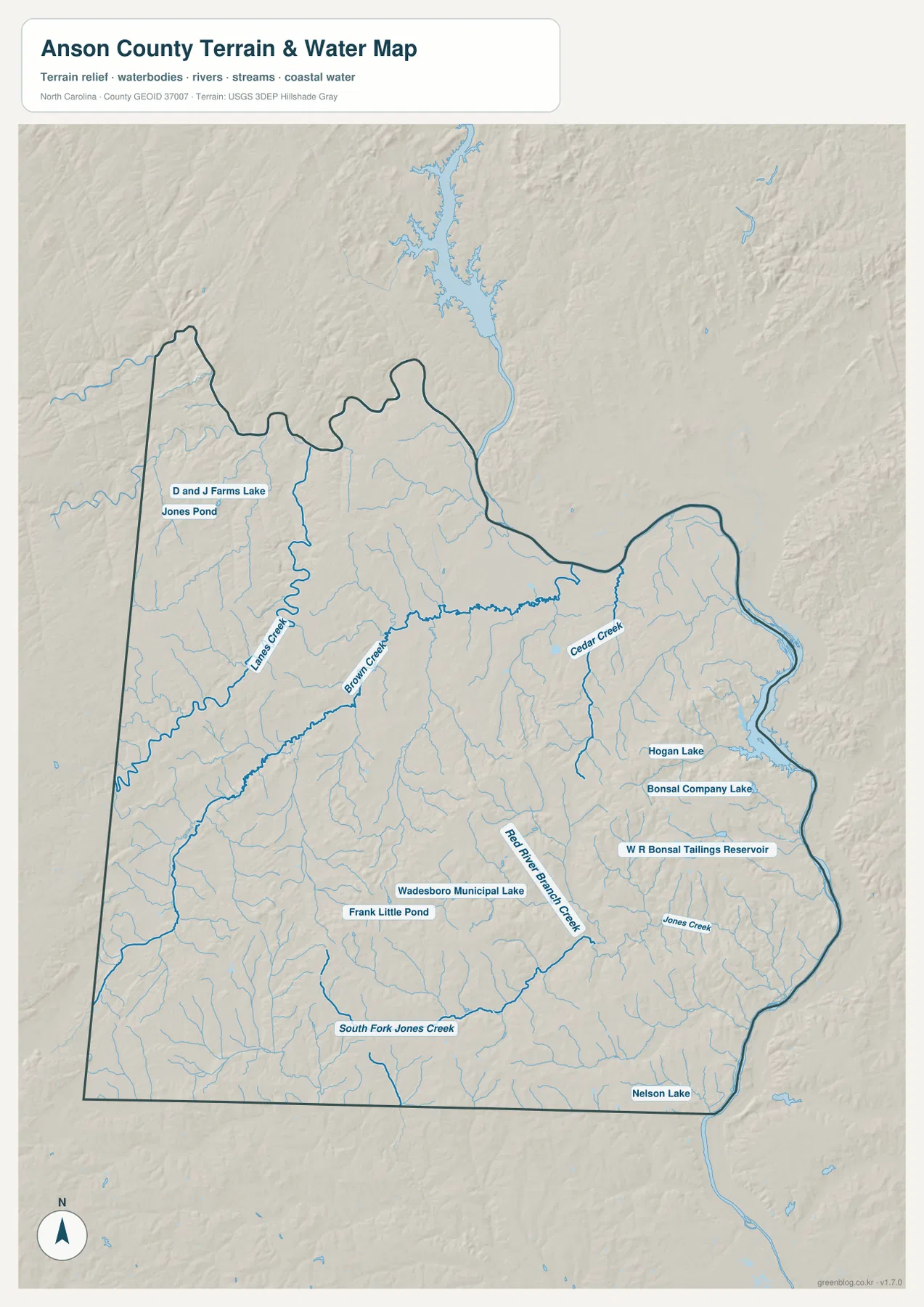 Anson County water map showing Pee Dee River Lanes Creek Brown Creek Cedar Creek and lakes