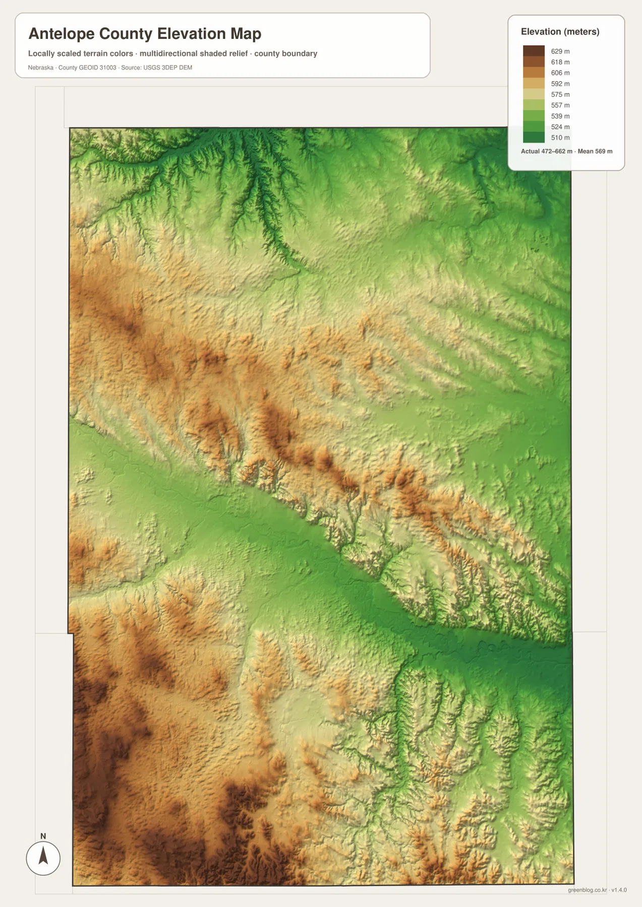 Elkhorn River 계곡과 서부·남서부 고지의 차이를 보여 주는 Antelope County 고도 지도