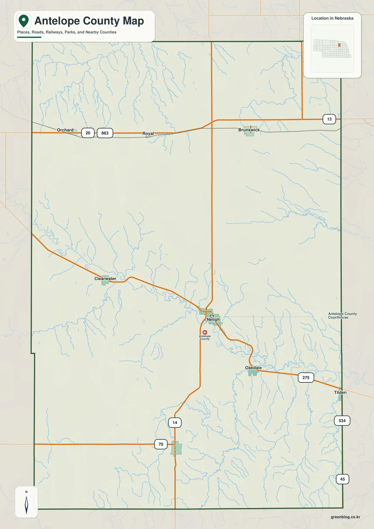 Neligh, Orchard, Brunswick, Clearwater, Oakdale와 주요 도로를 보여 주는 Antelope County 지도