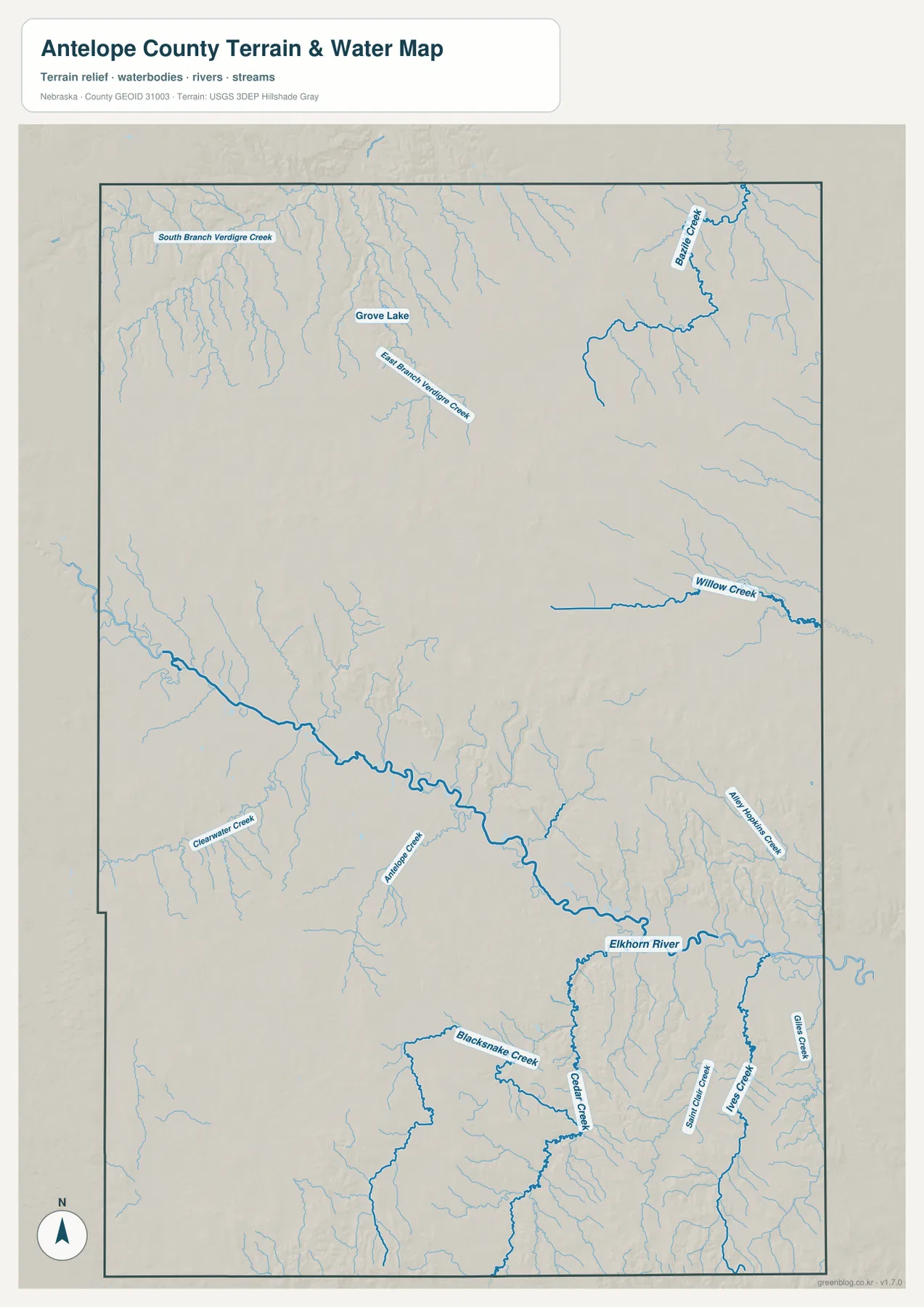 Elkhorn River, Beaver Creek, Willow Creek, Verdigre Creek 지류와 Grove Lake를 보여 주는 Antelope County 수역 지도