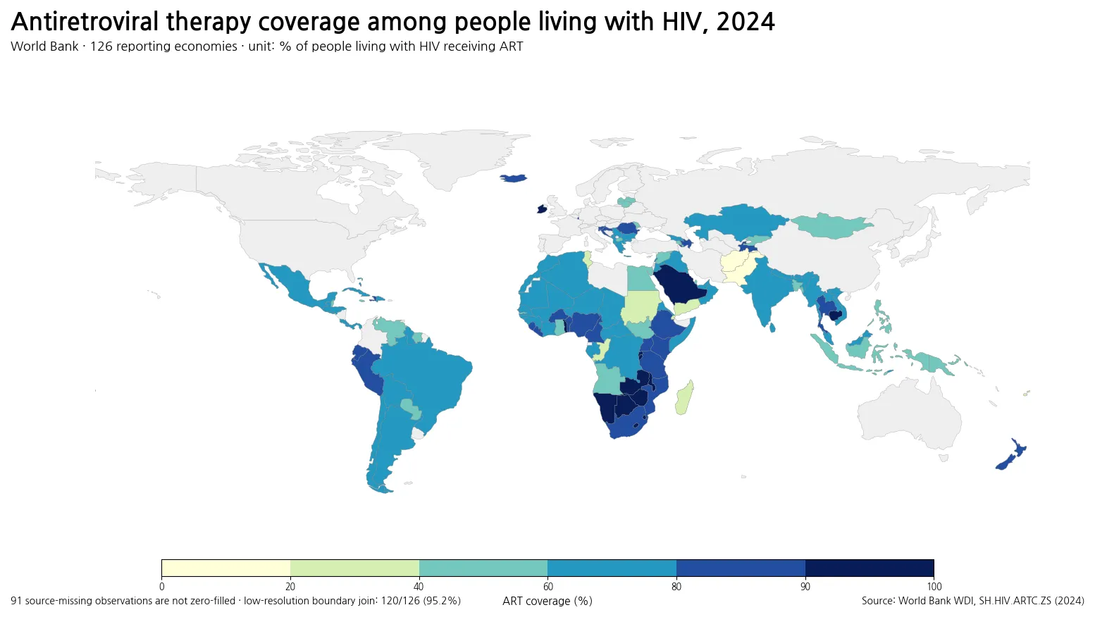 World map of antiretroviral therapy coverage among people living with HIV in 2024