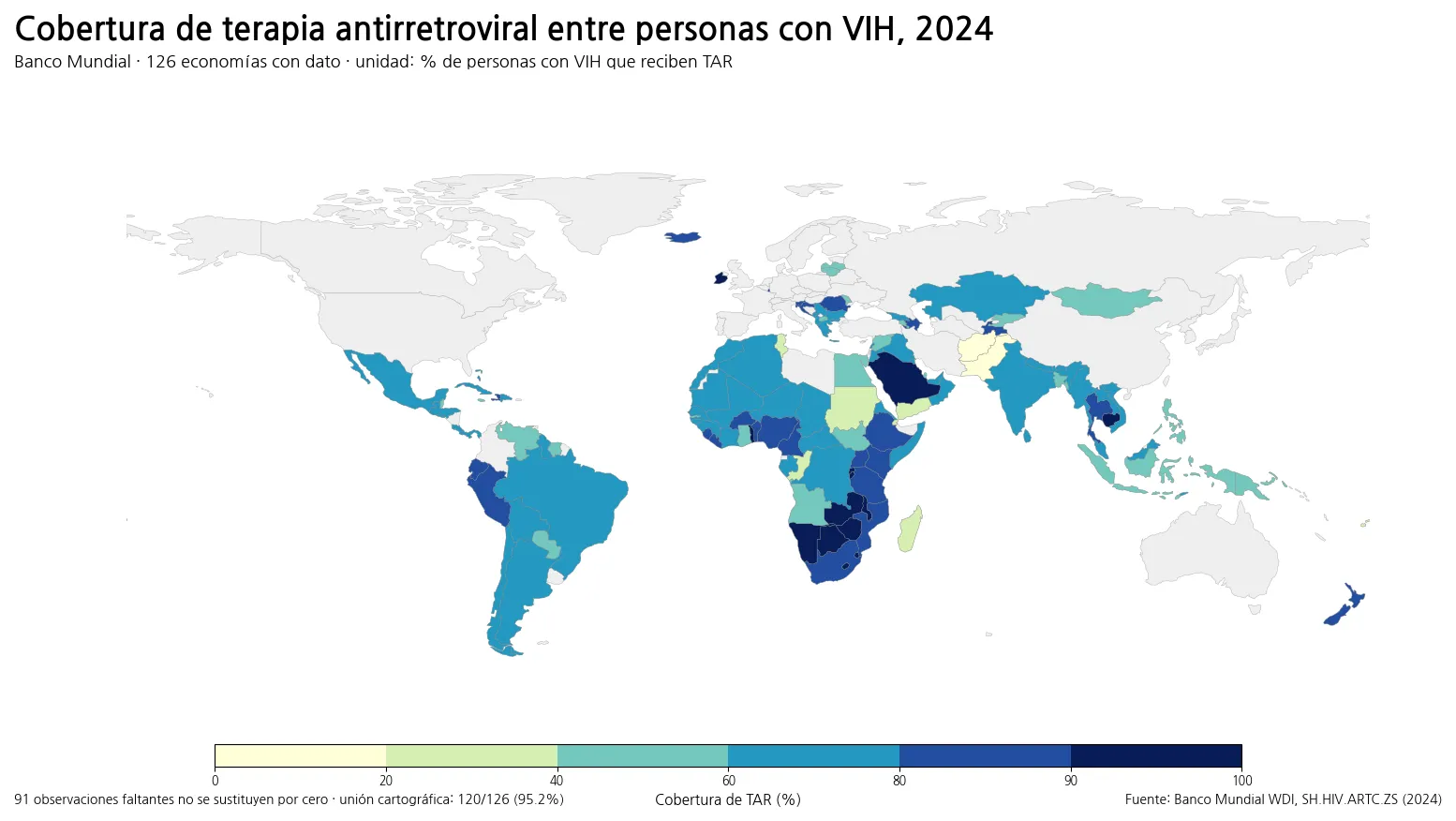 Mapa mundial de la cobertura de terapia antirretroviral entre personas con VIH en 2024