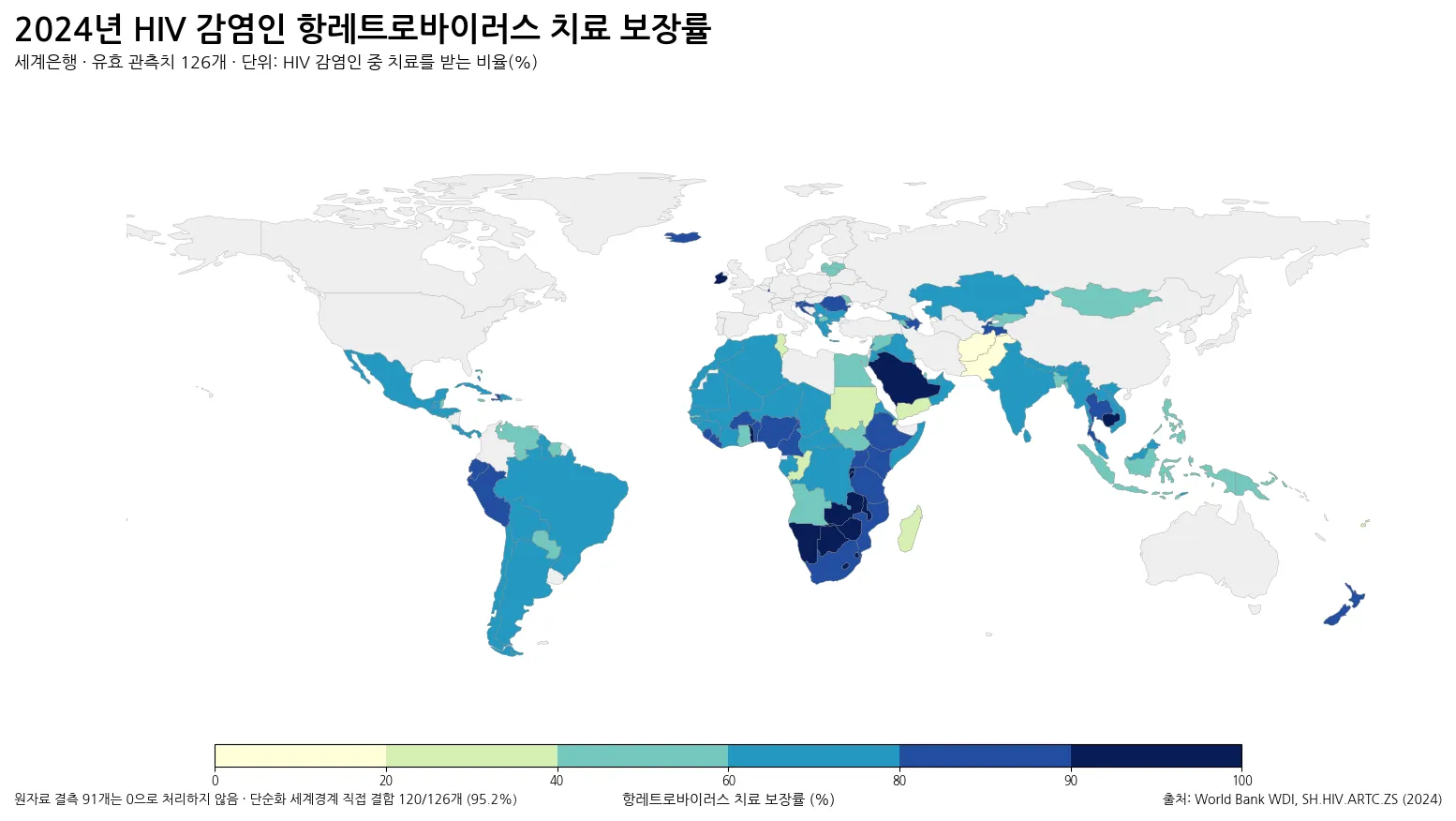 2024년 국가별 HIV 감염인 항레트로바이러스 치료 보장률 세계 지도