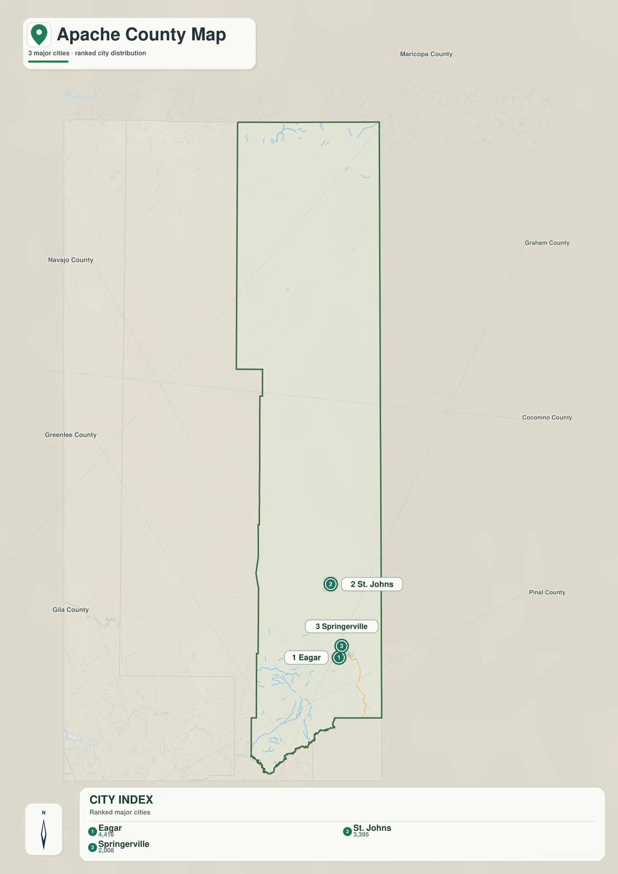 아파치 카운티 Eagar St. Johns Springerville 도시 위치 지도