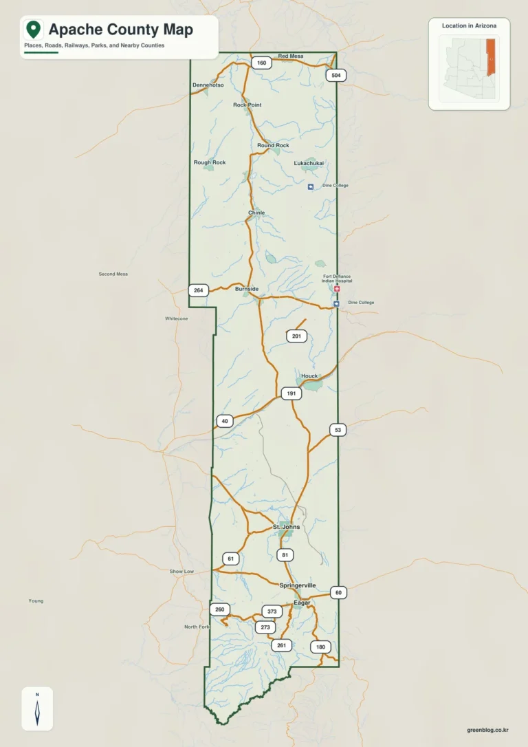 애리조나주 아파치 카운티(Apache County) 지도 – 치늘리와 남부 고지대를 잇는 긴 지형