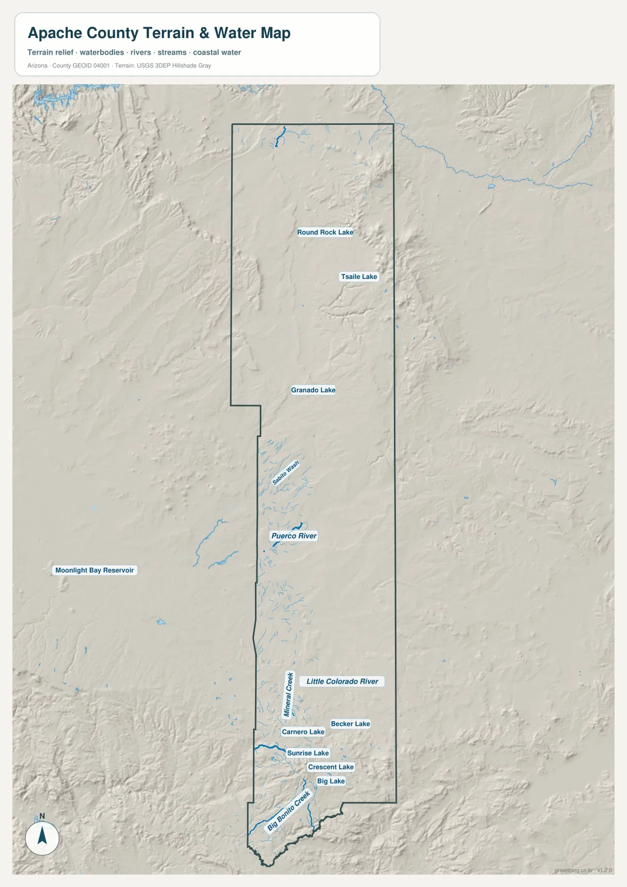 아파치 카운티 Puerco River Little Colorado River 호수와 지형 지도