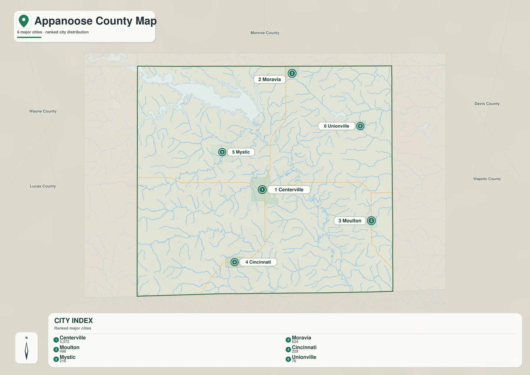 Appanoose County city distribution map with Centerville, Moravia, Moulton, Cincinnati, Mystic, and Unionville