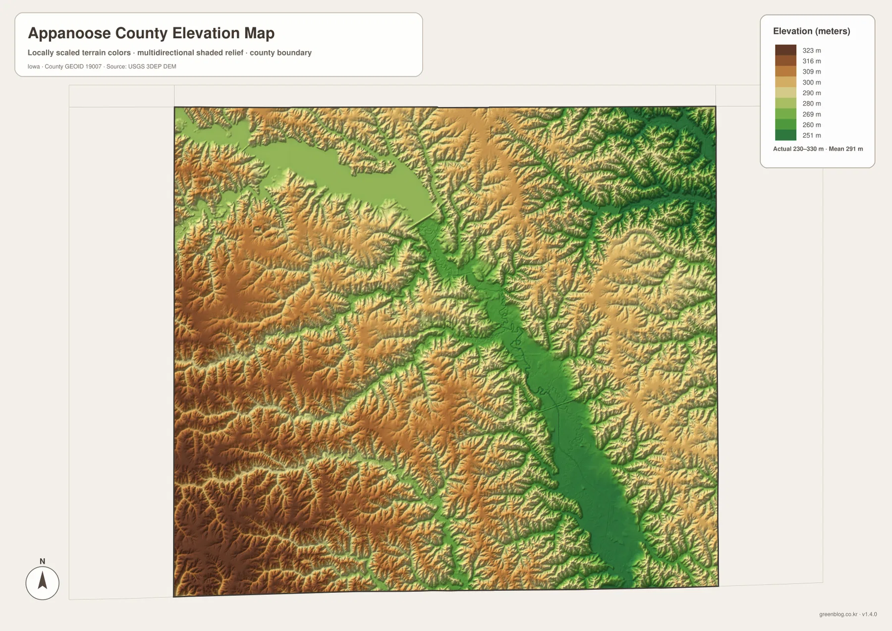 Appanoose County elevation map showing 230 to 330 meter terrain, Chariton River lowlands, and higher western uplands