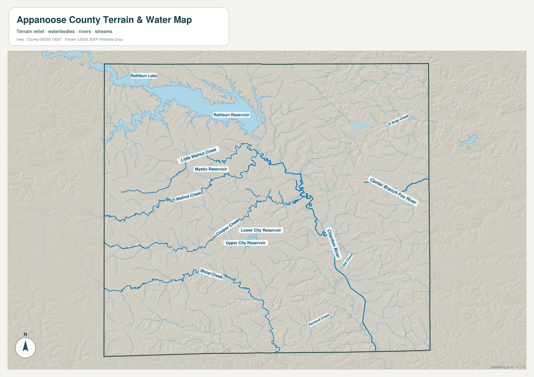 Appanoose County water map showing Rathbun Lake, Chariton River, Mystic Reservoir, Walnut Creek, Cooper Creek, and Shoal Creek