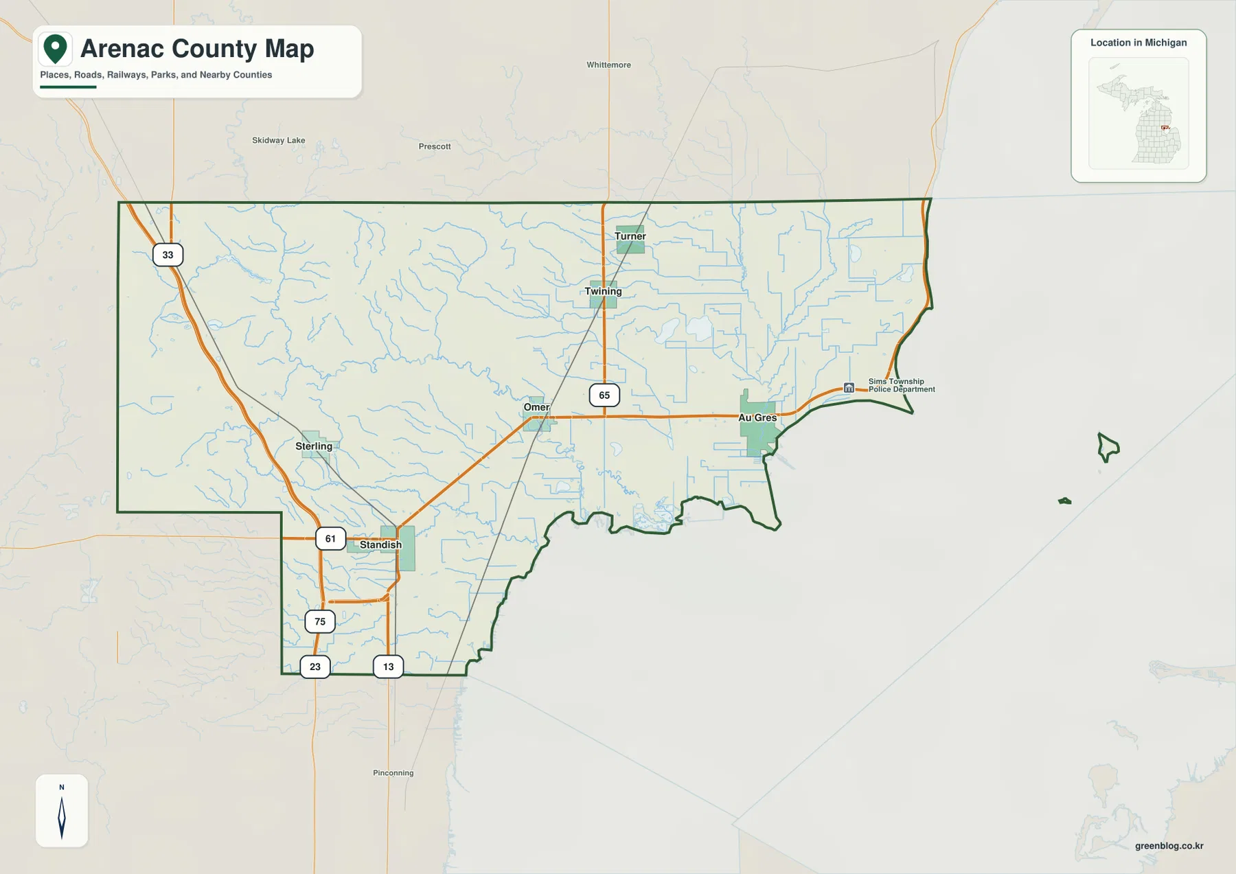 Standish, Sterling, Omer, Au Gres, Twining, Turner와 M-33, M-61, M-65, US-23가 표시된 Arenac County Michigan 지도