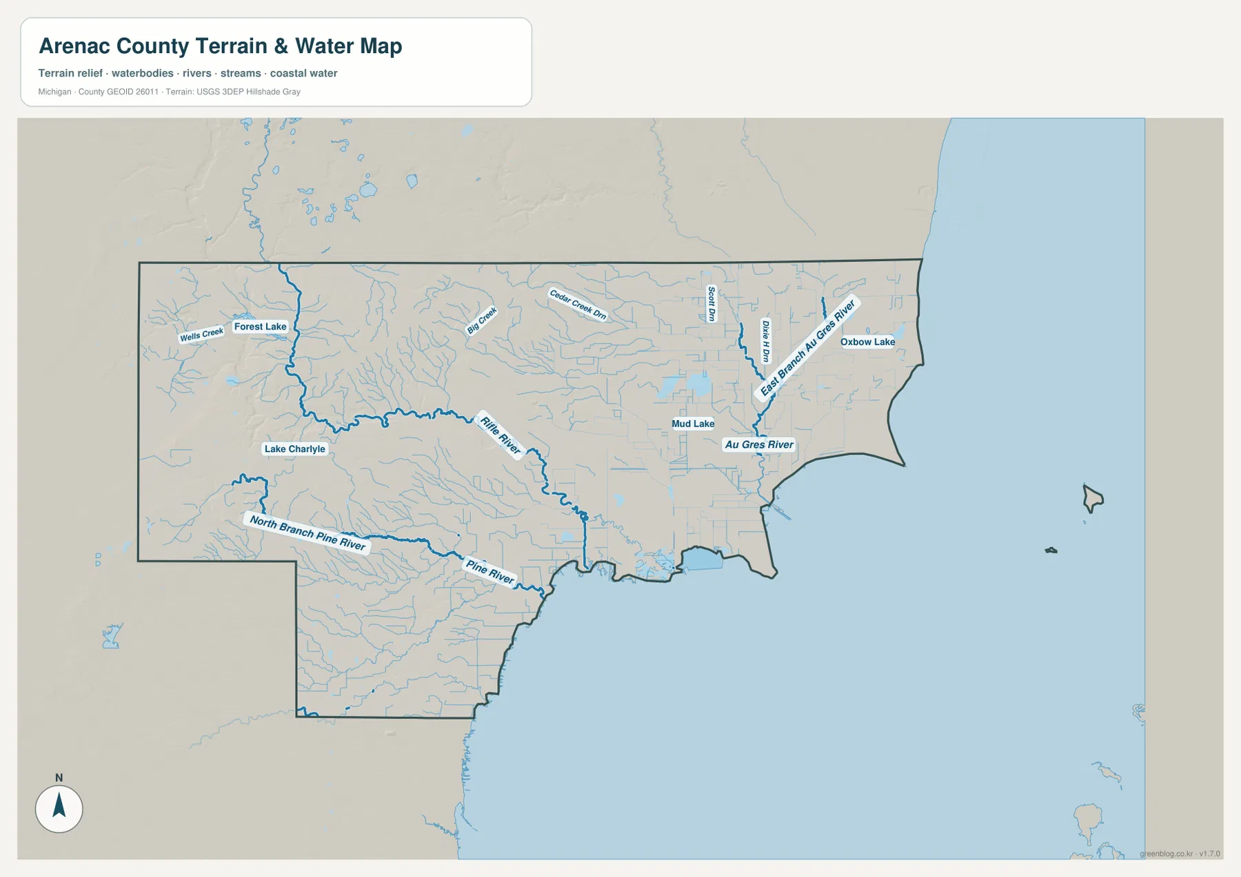 Rifle River, Au Gres River, Pine River, North Branch Pine River, Forest Lake, Mud Lake, Oxbow Lake와 Saginaw Bay가 표시된 Arenac County 지형 수역 지도