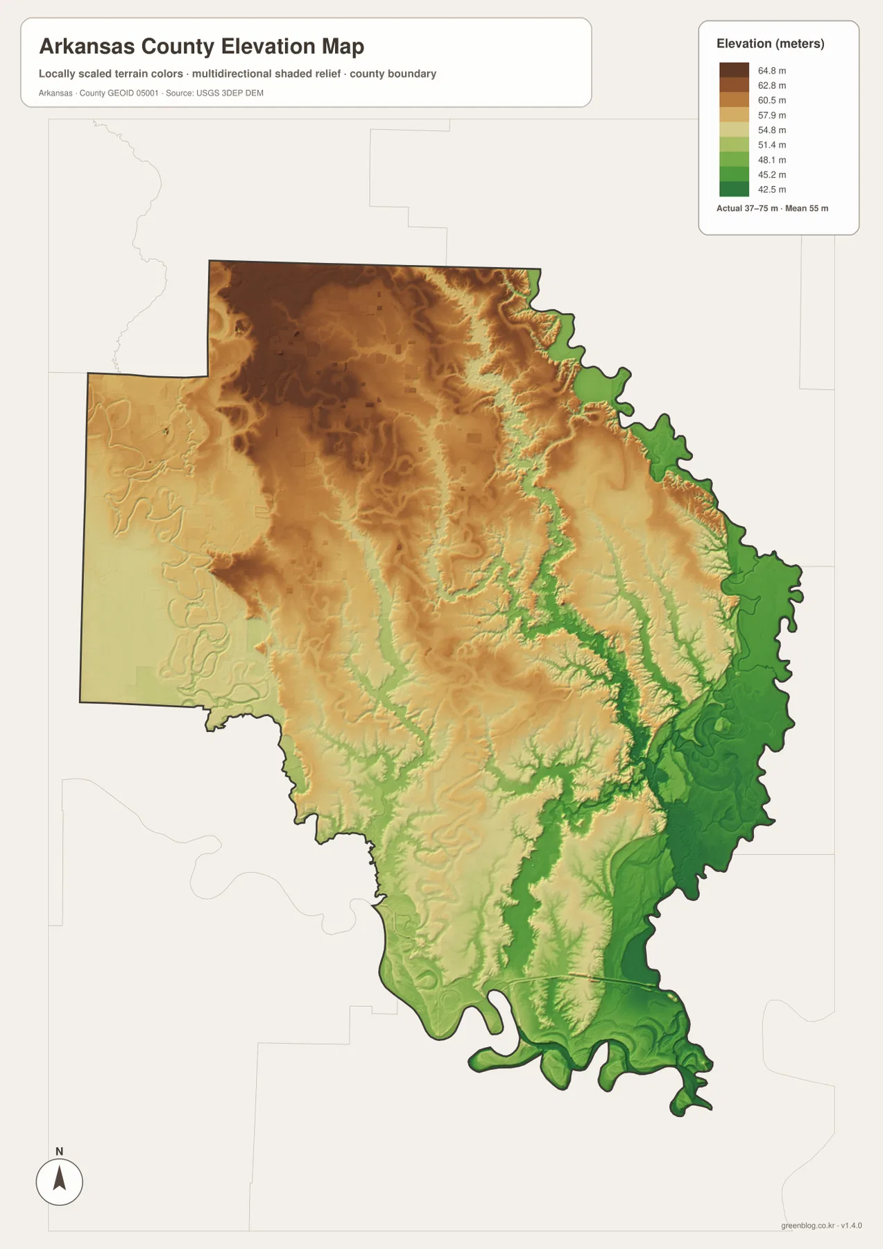 Arkansas County elevation map showing relative heights from about 37 to 75 meters
