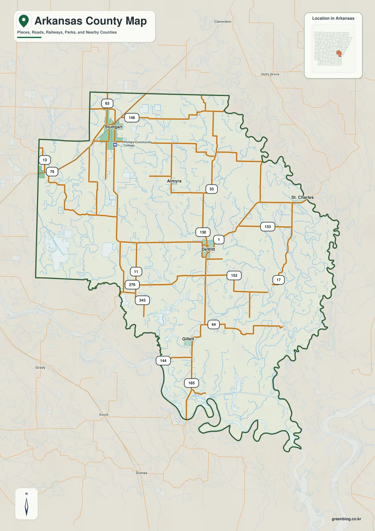 Arkansas County map with Stuttgart, DeWitt, highways, waterways and county boundary