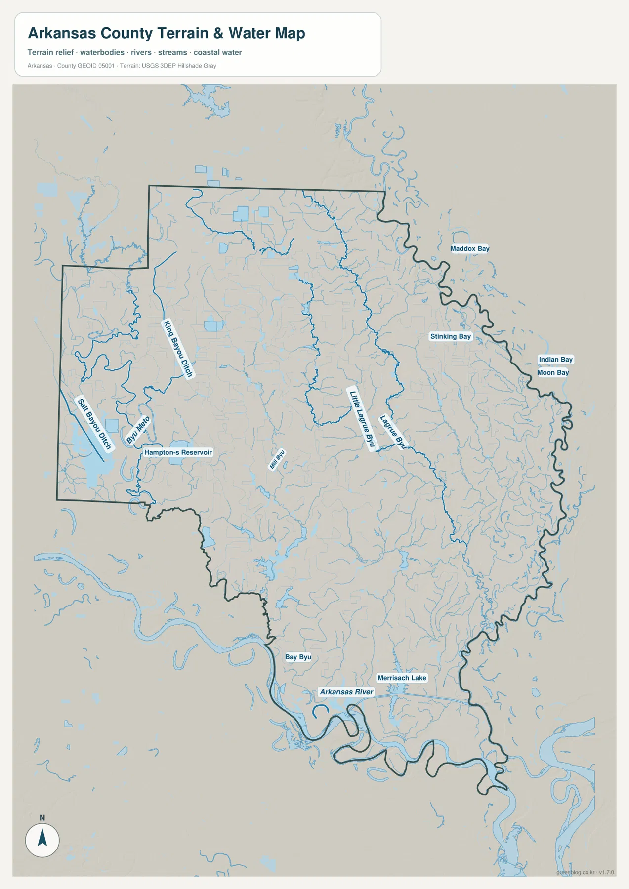 Arkansas County terrain and water map showing the Arkansas River, bayous, lakes and channels