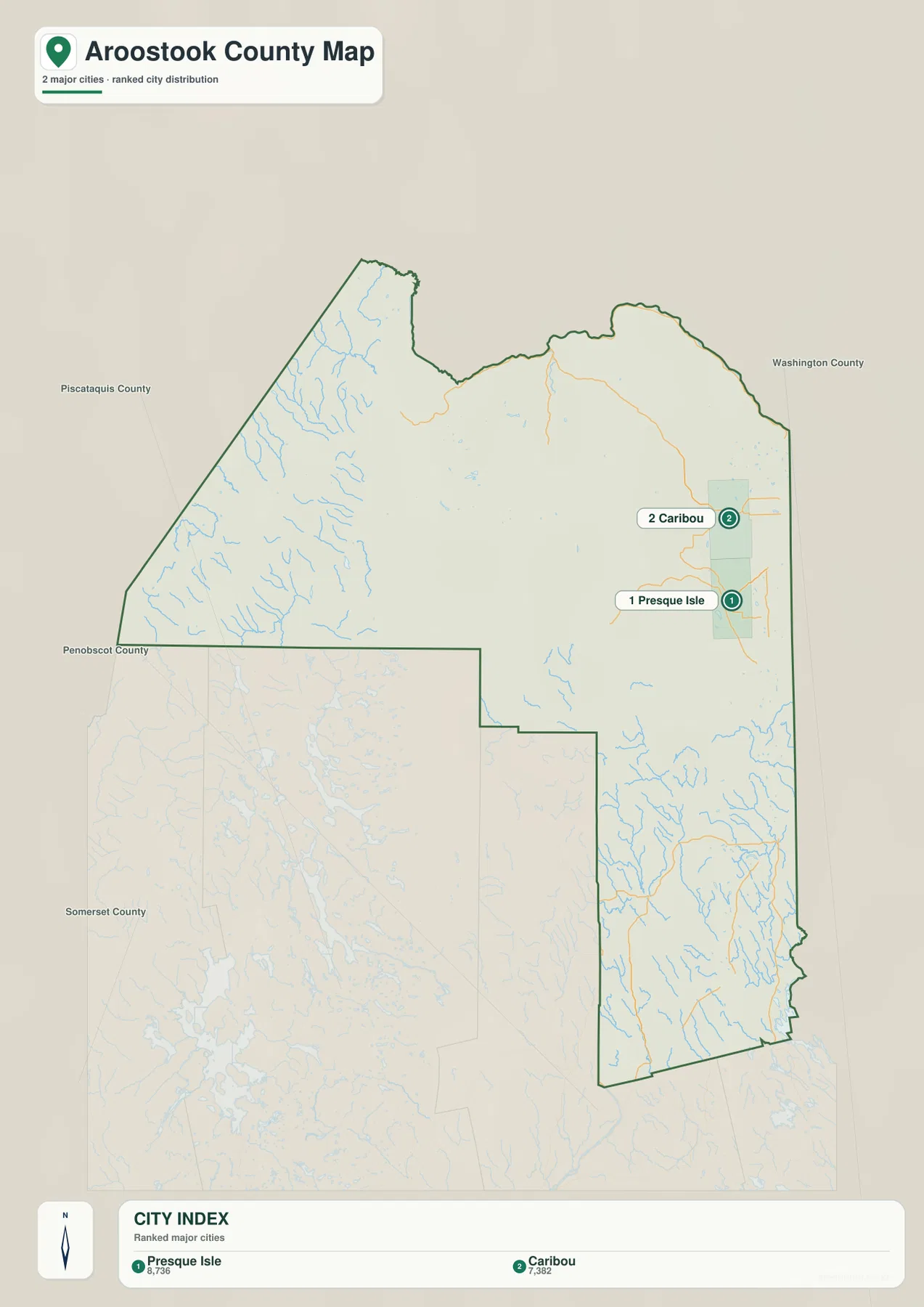Aroostook County city map with Presque Isle and Caribou highlighted in the east-central part of the county