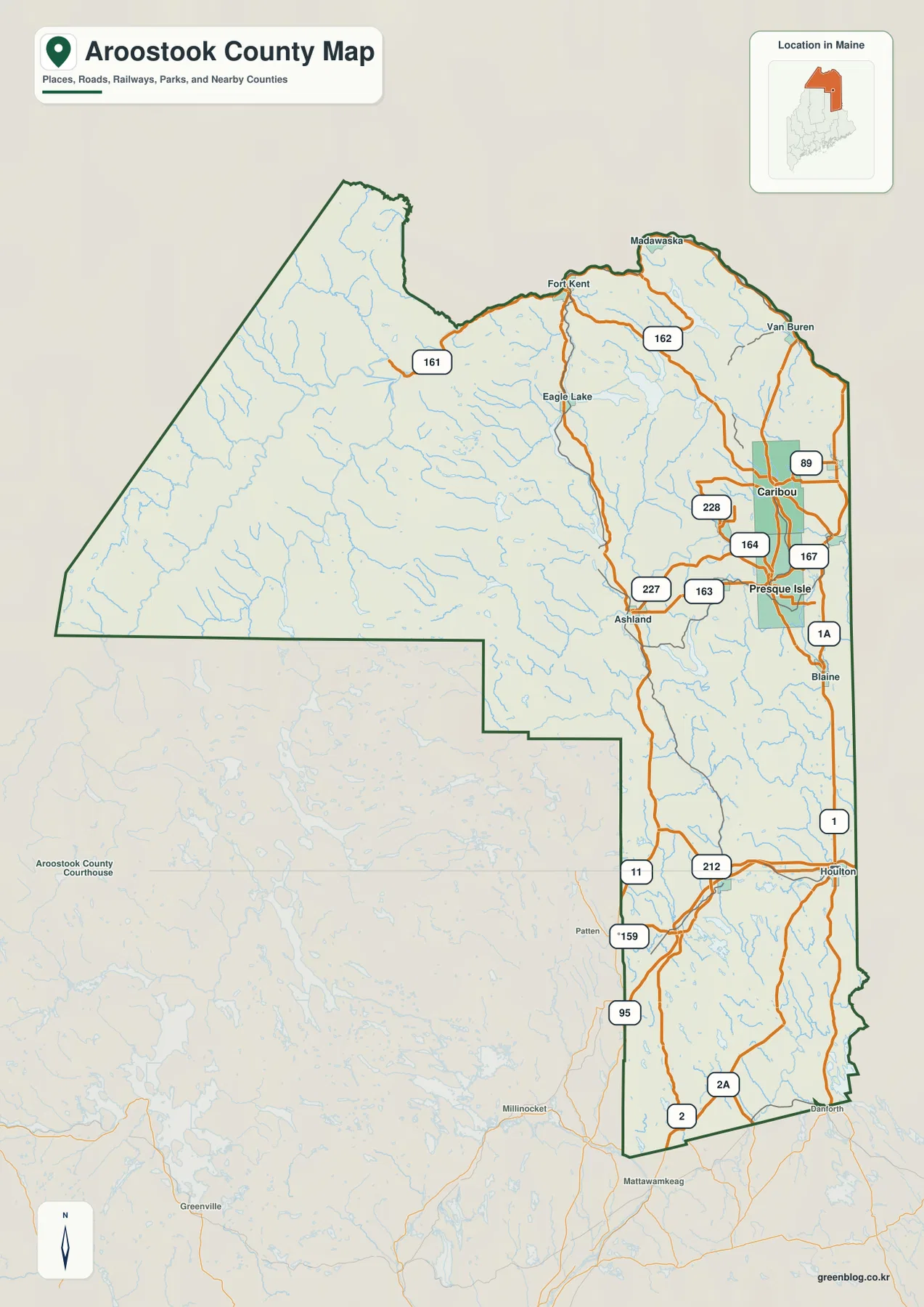 Aroostook County map showing Houlton, Presque Isle, Caribou, Fort Kent, Madawaska, Van Buren, and major roads
