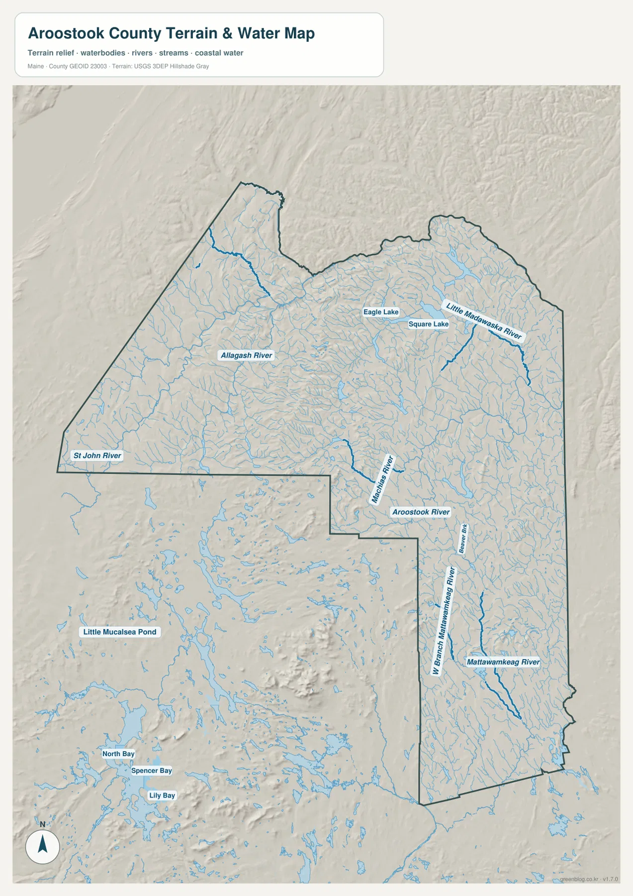 Aroostook County terrain and water map showing the St. John, Allagash, Aroostook, Little Madawaska, and Mattawamkeag rivers with Eagle Lake and Square Lake