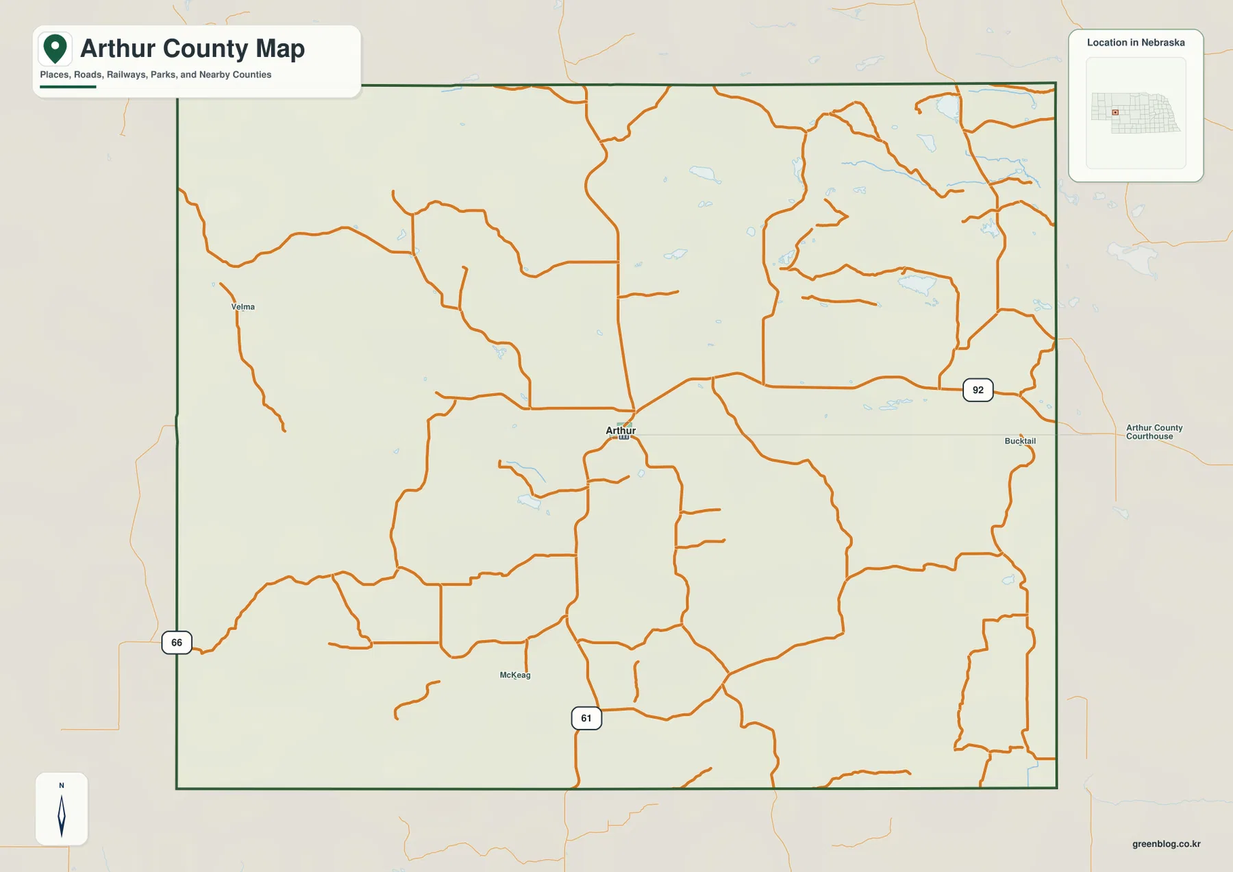 Arthur County Nebraska map showing Arthur, Nebraska Highways 61 and 92, rural roads, and county boundaries