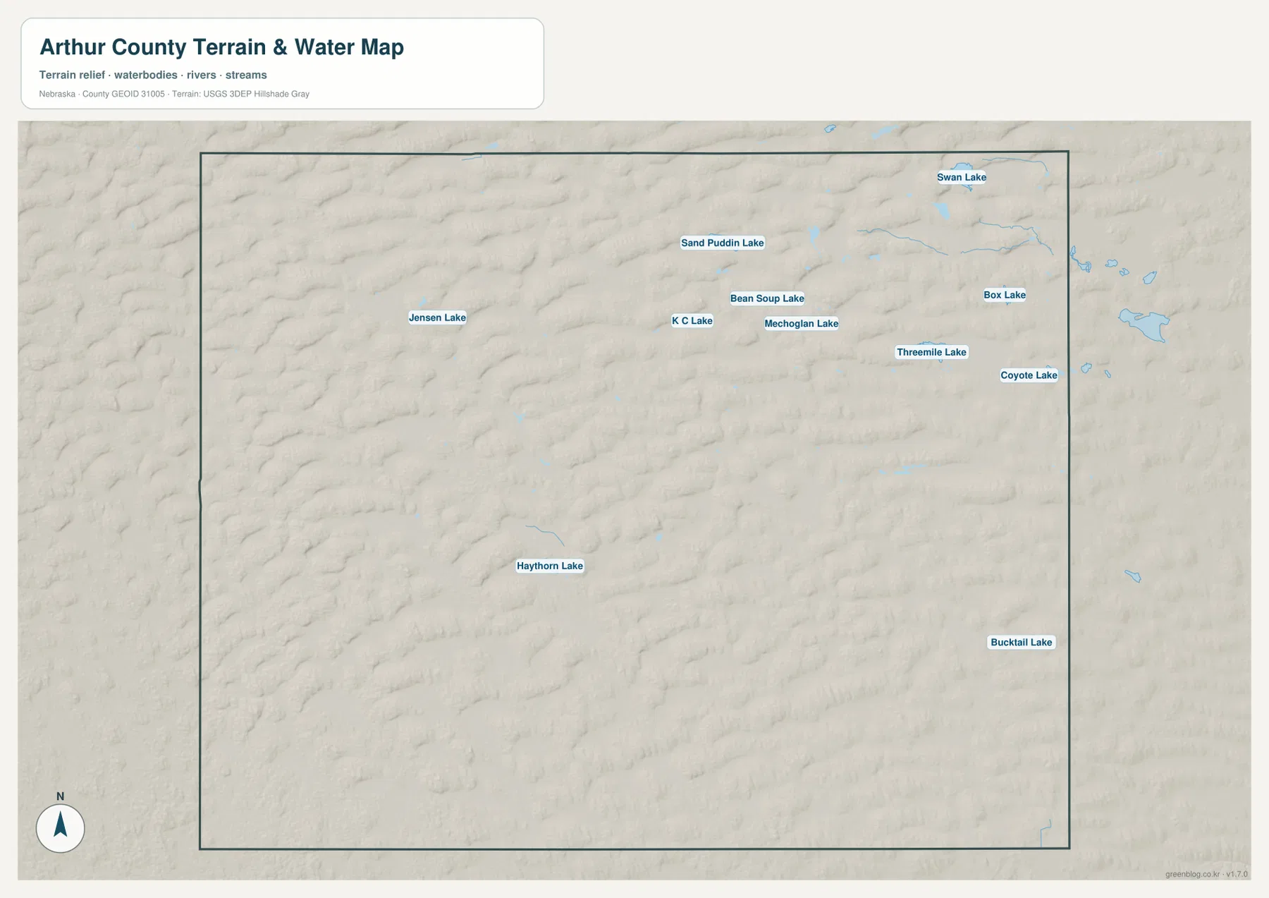 Arthur County terrain and water map showing Swan Lake, Sand Puddin Lake, Bean Soup Lake, Box Lake, and other small lakes