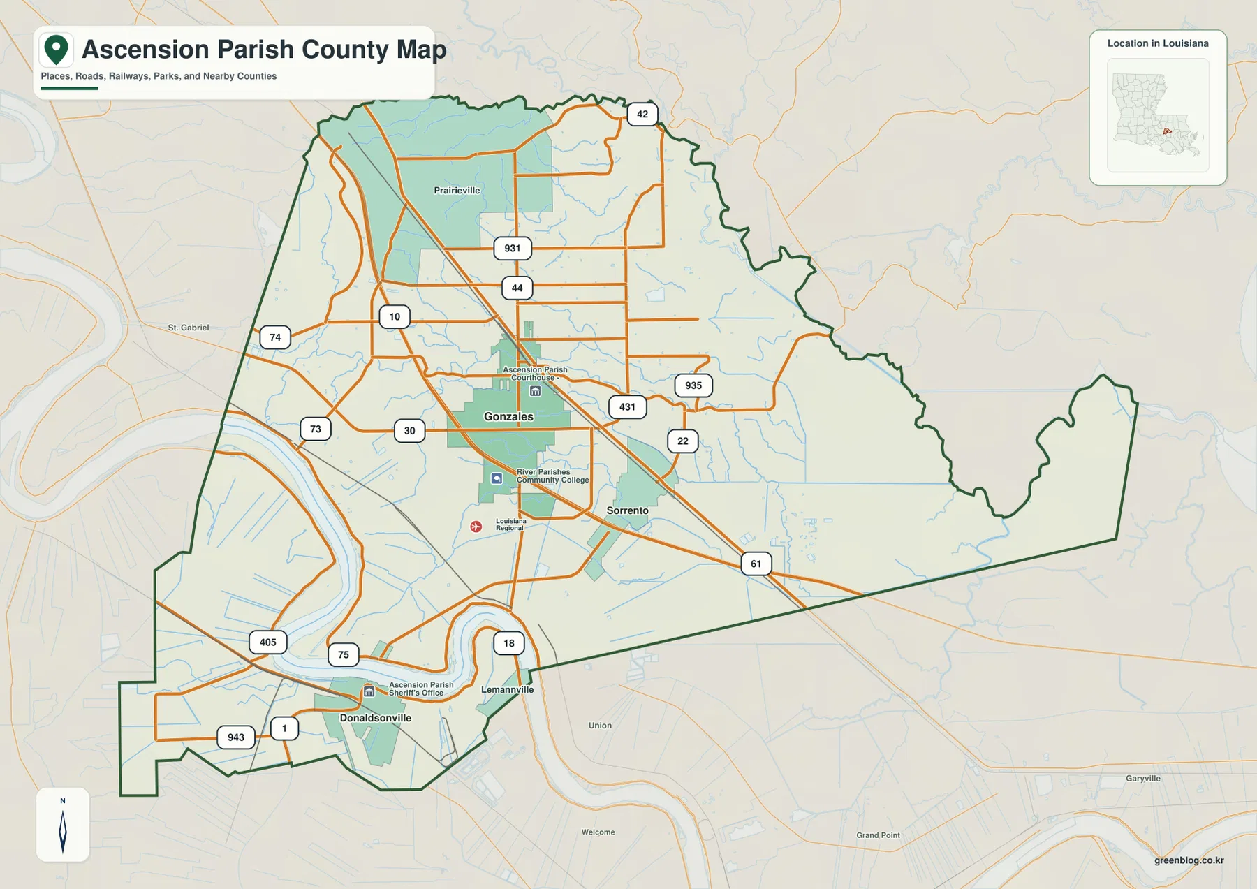 Ascension Parish의 Gonzales, Prairieville, Sorrento, Donaldsonville, I-10, U.S. 61, LA 30, 44, 73, 74, 22, 42, 431 등을 표시한 일반 지도