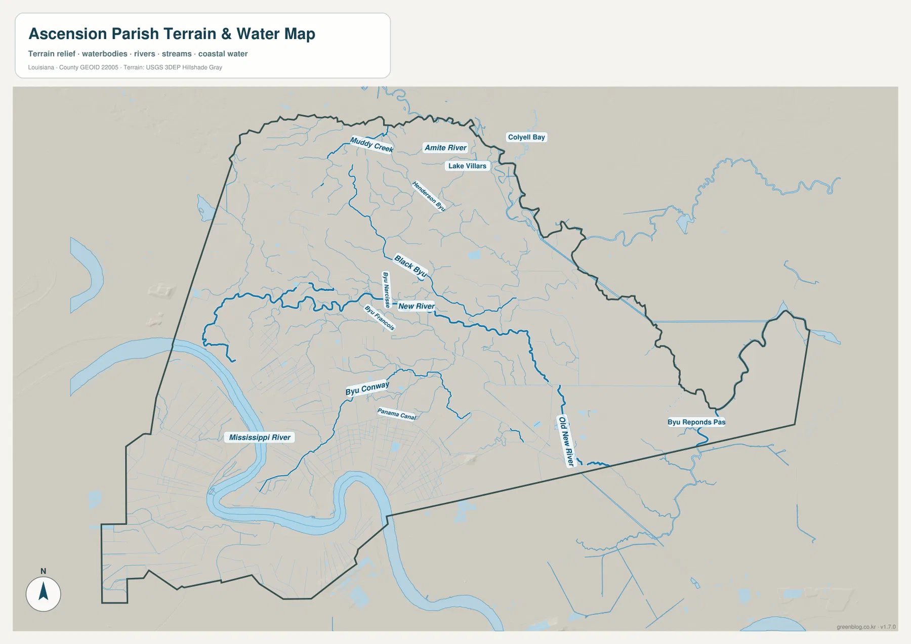 Ascension Parish의 Mississippi River, New River, Old New River, Amite River, Muddy Creek, Black Bayou, Bayou Conway, Panama Canal, Bayou Reponds Pas와 Lake Villars를 표시한 수역 지도