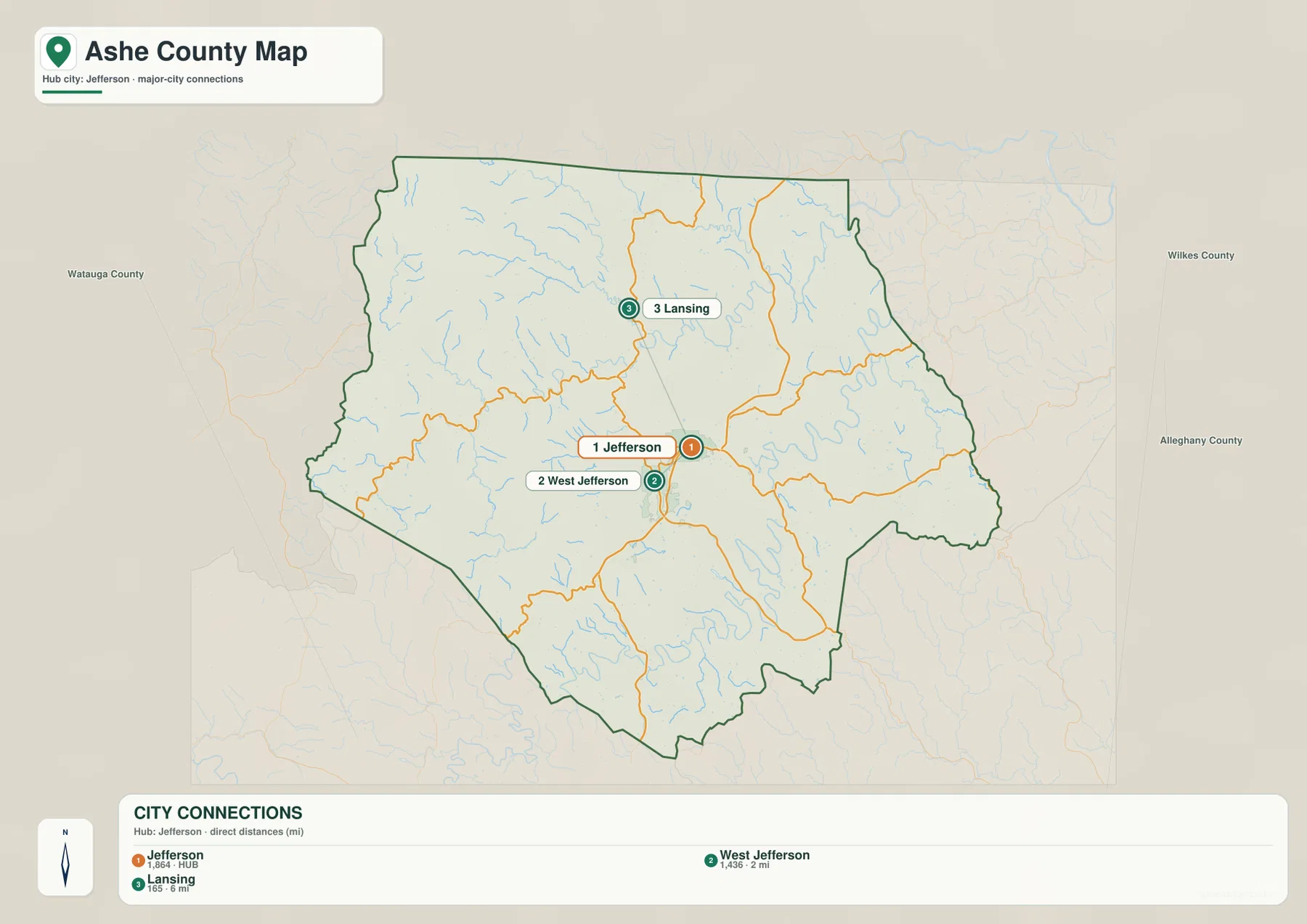 Ashe County city map comparing Jefferson West Jefferson and Lansing