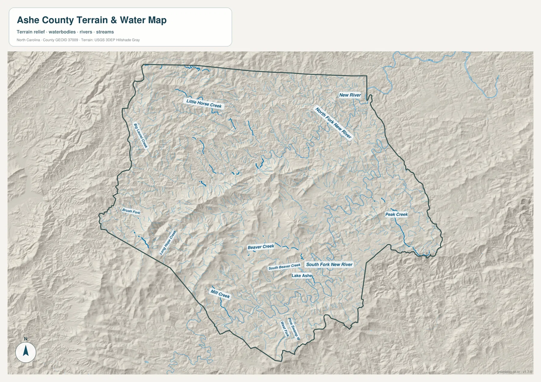 Ashe County terrain and water map with New River forks and mountain creeks