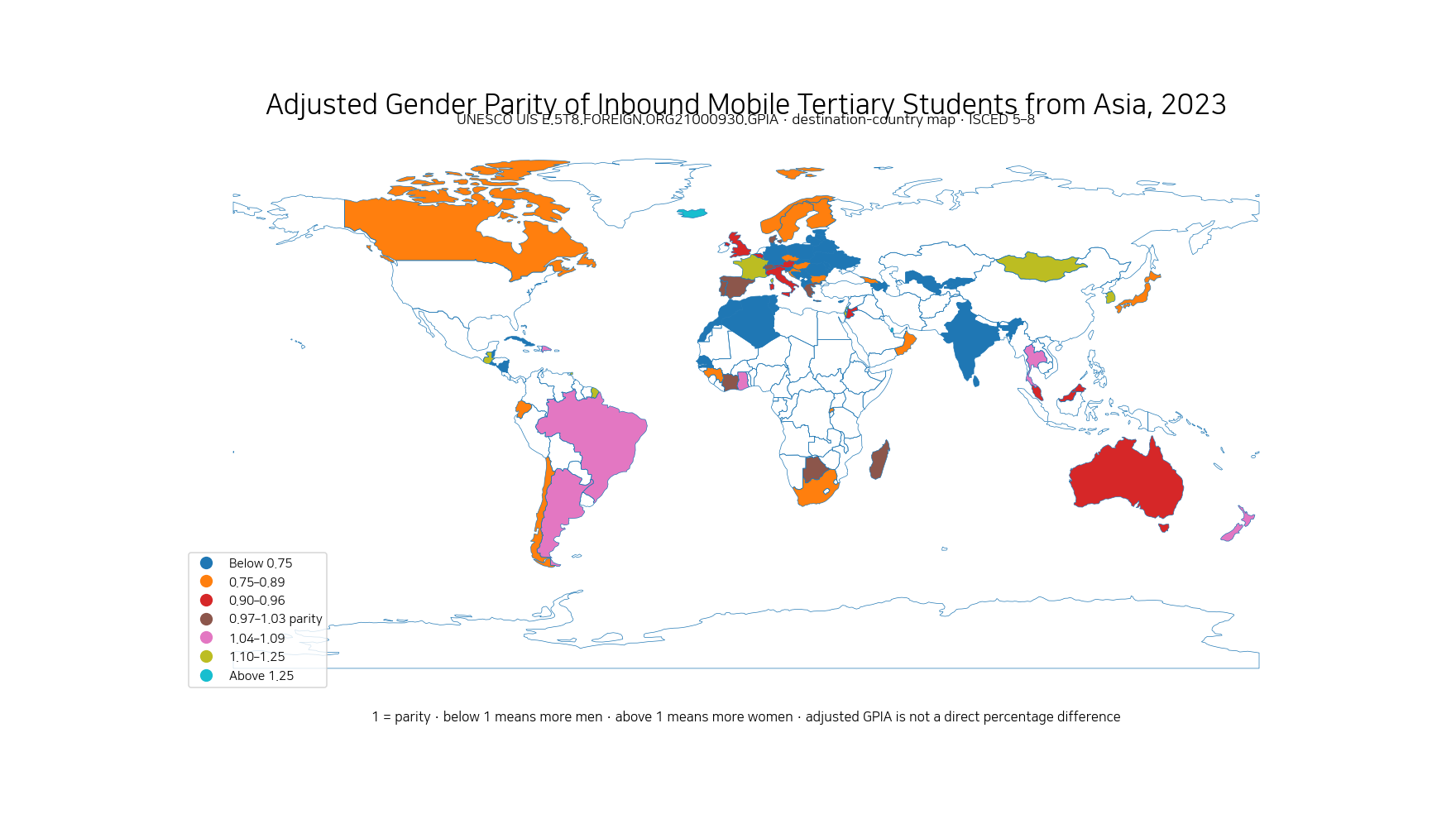 World map of adjusted gender parity for inbound mobile tertiary students from Asia by destination country in 2023