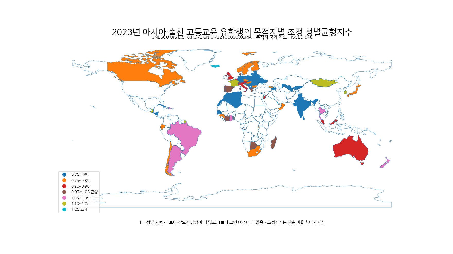 2023년 아시아 출신 고등교육 유학생의 목적지 국가별 조정 성별균형지수를 보여 주는 세계 지도