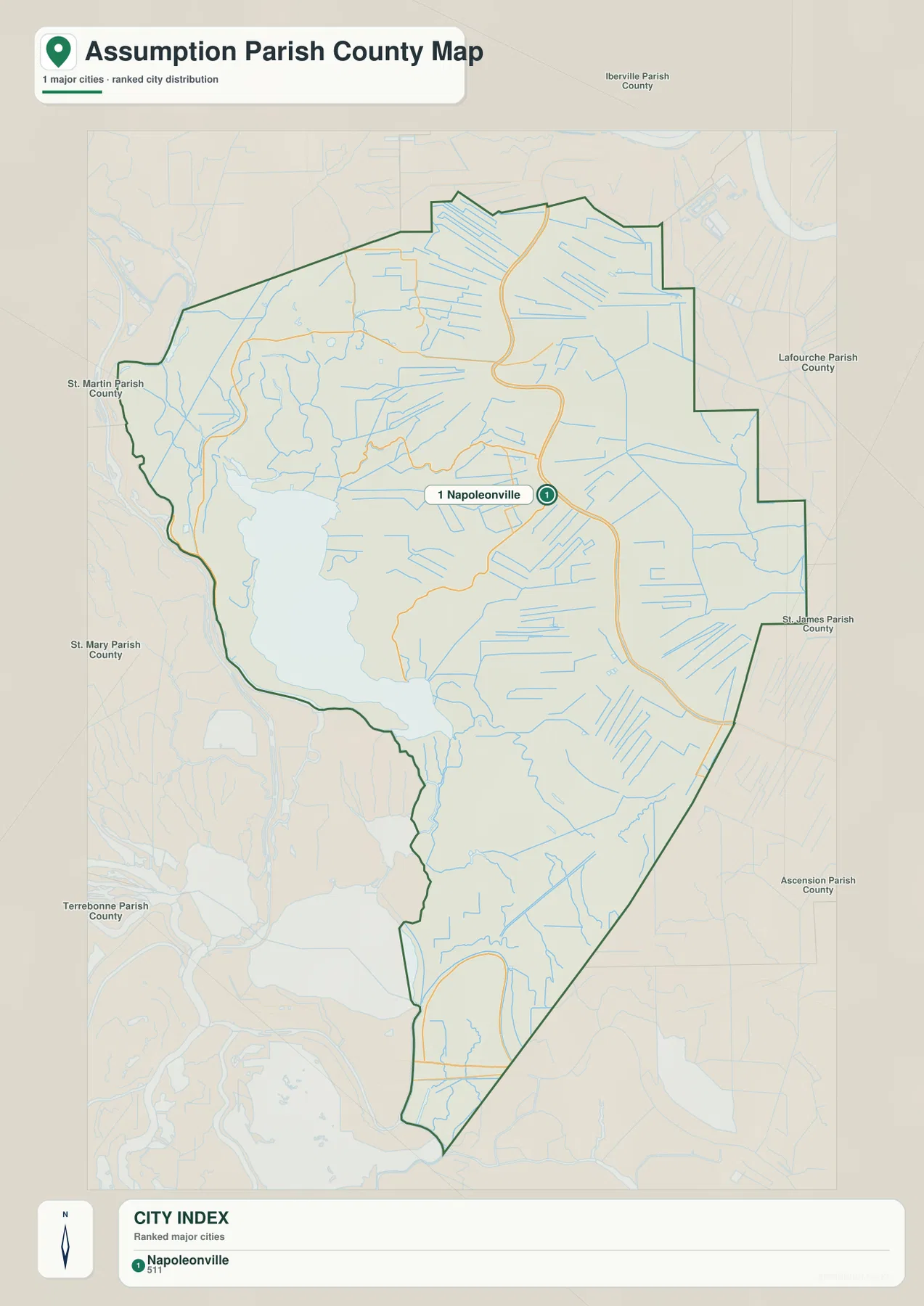 Assumption Parish city map highlighting Napoleonville with Iberville, Lafourche, St. James, Ascension, St. Martin, St. Mary, and Terrebonne Parishes around the boundary