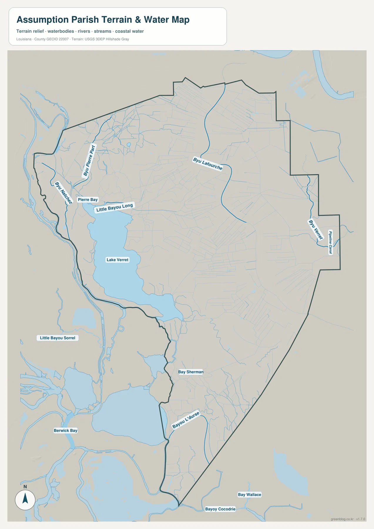Assumption Parish terrain and water map showing Bayou Lafourche, Bayou Pierre Part, Bayou Napoleon, Little Bayou Long, Lake Verret, Bayou Verret, Bay Sherman, Bayou L’Ourse, Platten Canal, and Bayou Cocodrie