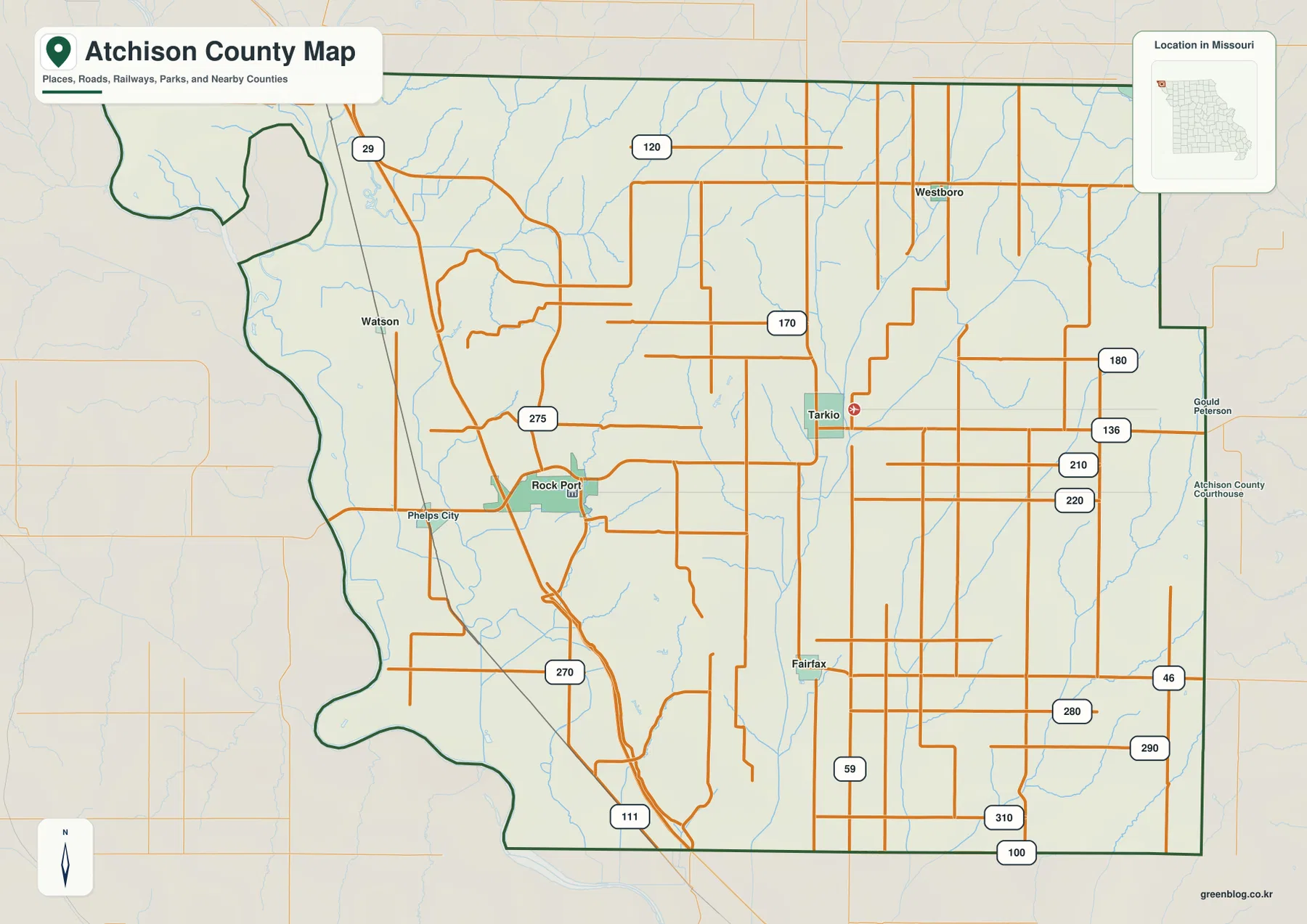 Tarkio, Rock Port, Fairfax, Watson, Westboro와 U.S. 59·U.S. 136·I-29가 표시된 미주리주 Atchison County 지도