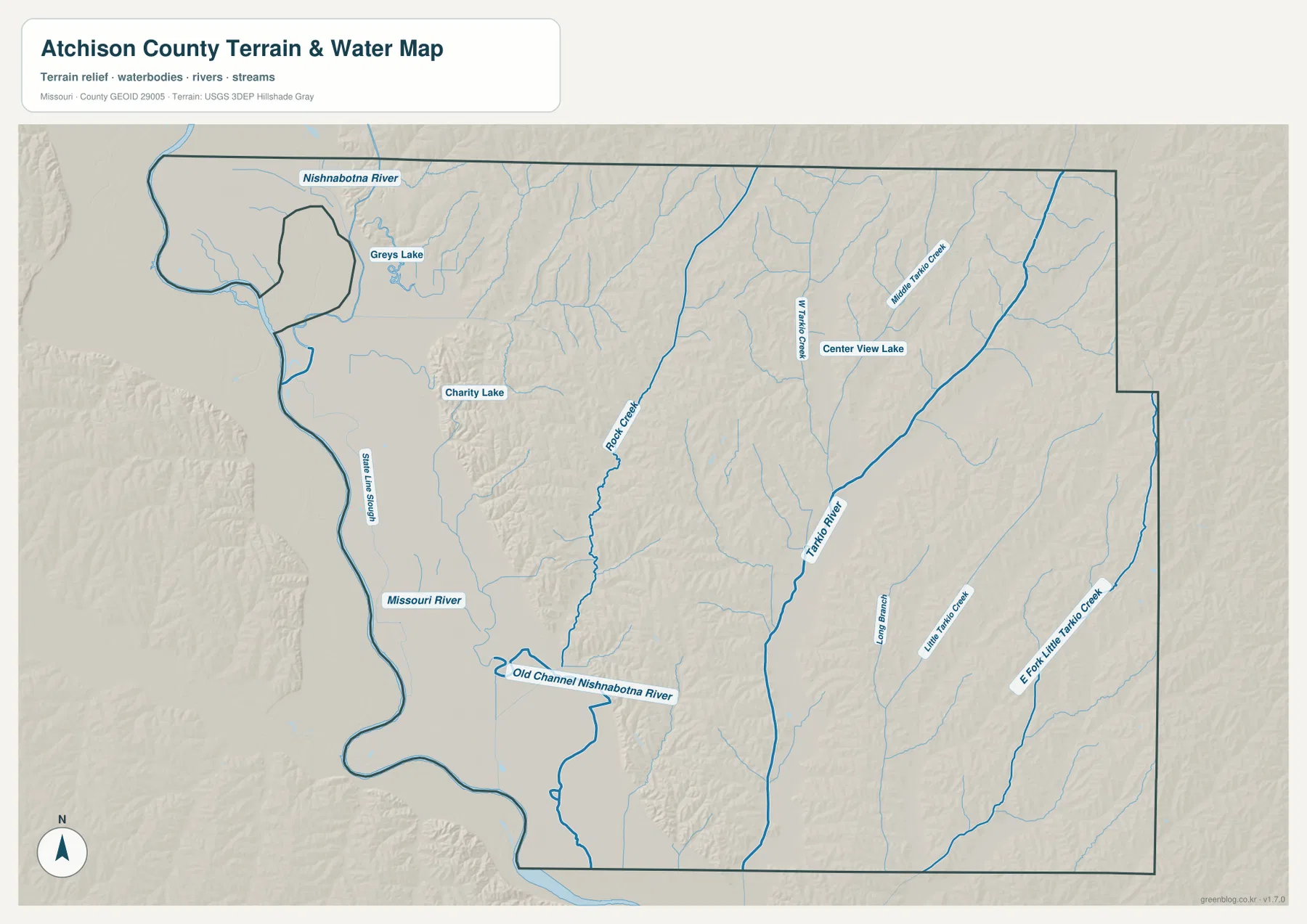 Missouri River, Nishnabotna River, Tarkio River, Rock Creek, Little Tarkio Creek이 표시된 Atchison County 수역 지도