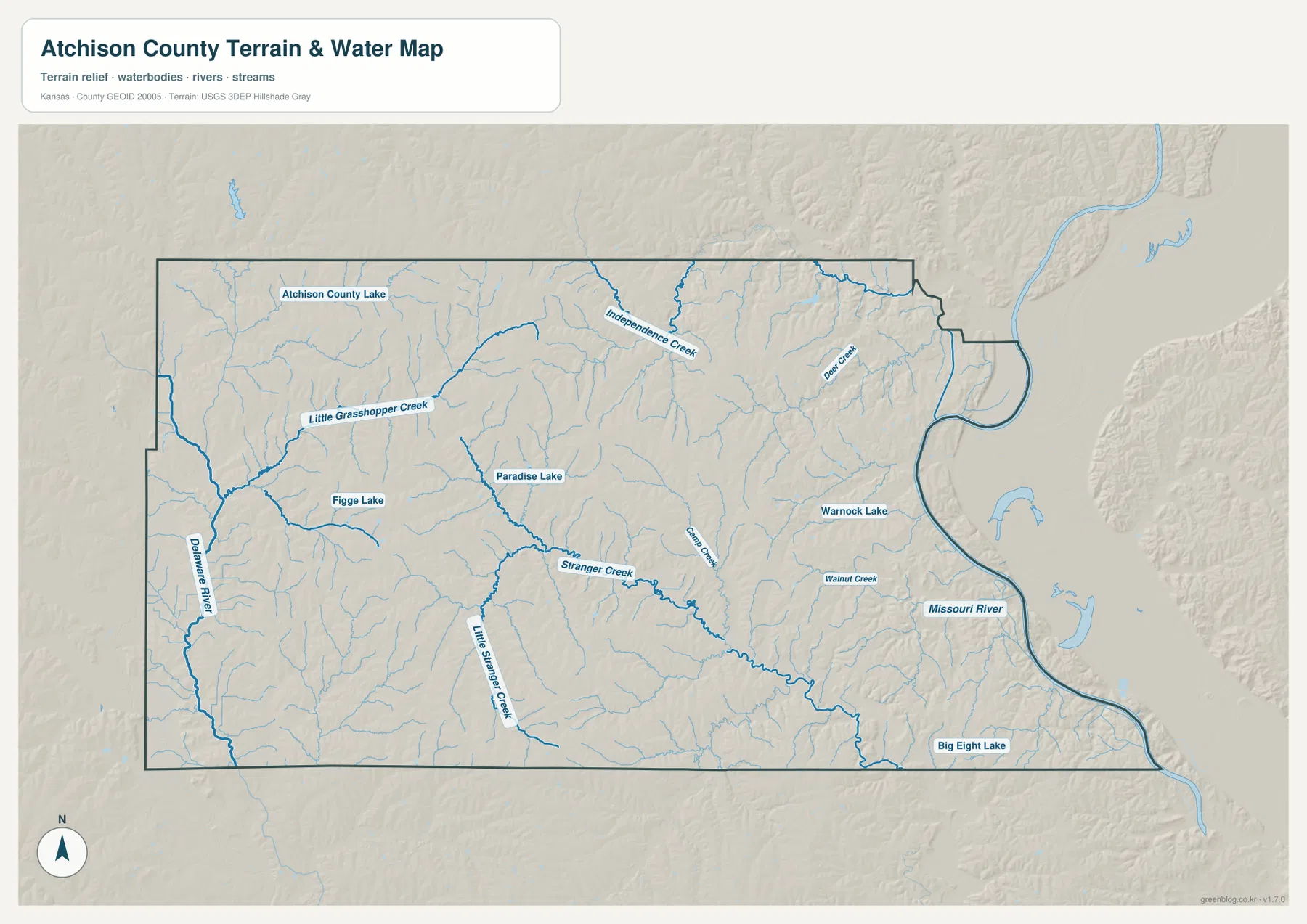 Missouri River, Delaware River, Stranger Creek, Little Stranger Creek, Independence Creek와 여러 호수를 보여 주는 애치슨 카운티 수역 지도