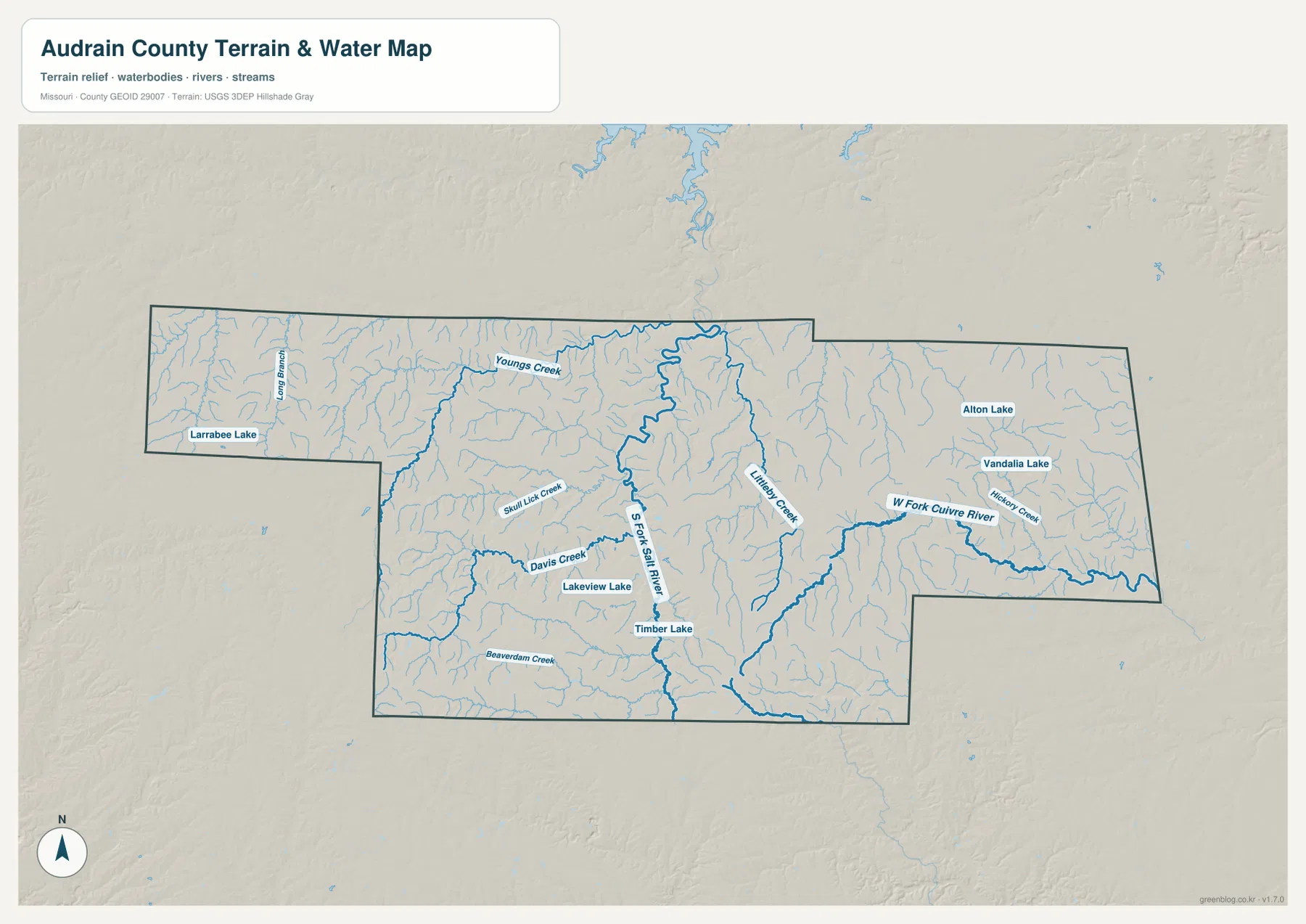 South Fork Salt River, Littleby Creek, West Fork Cuivre River, Davis Creek와 주요 호수가 표시된 Audrain County 수역 지도