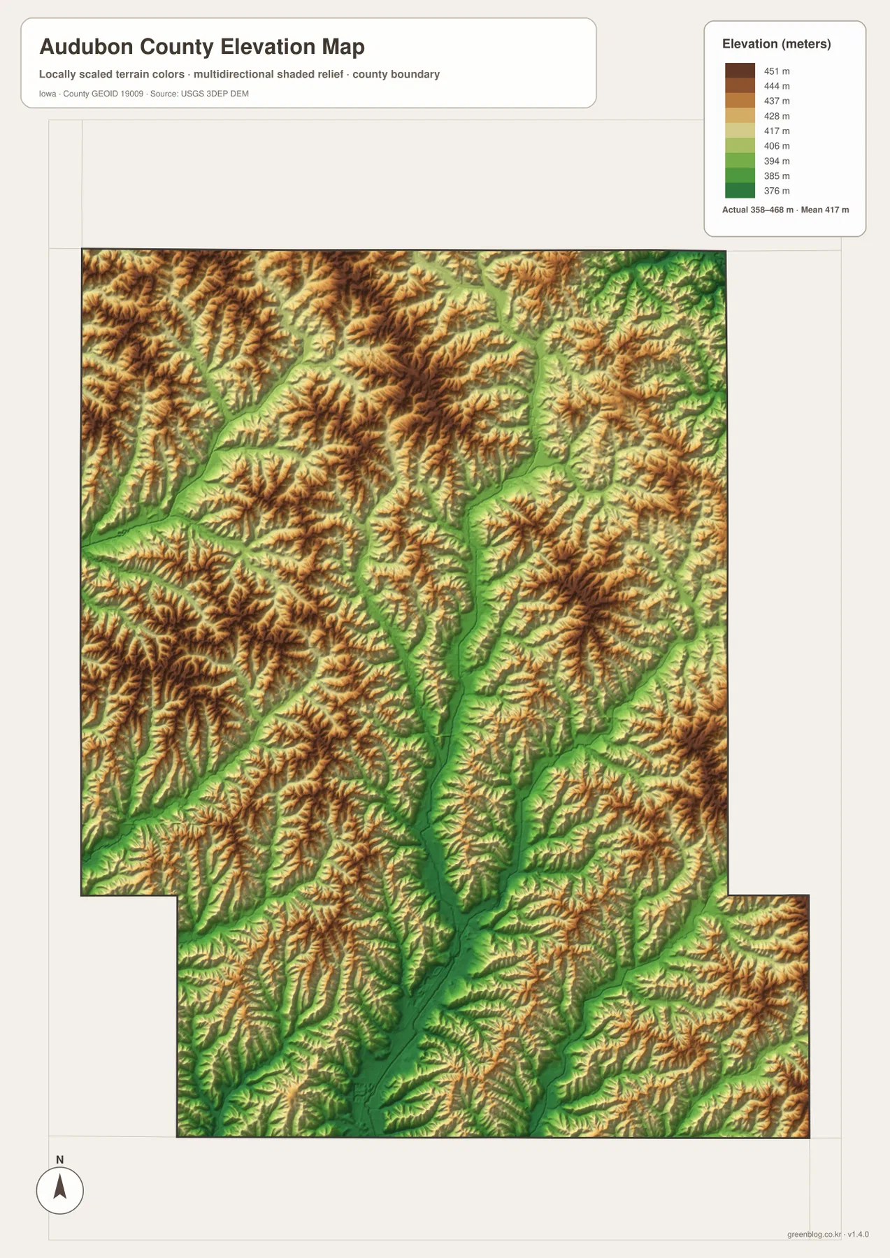 Audubon County elevation map showing a 358 to 468 meter range and the low East Nishnabotna River valley