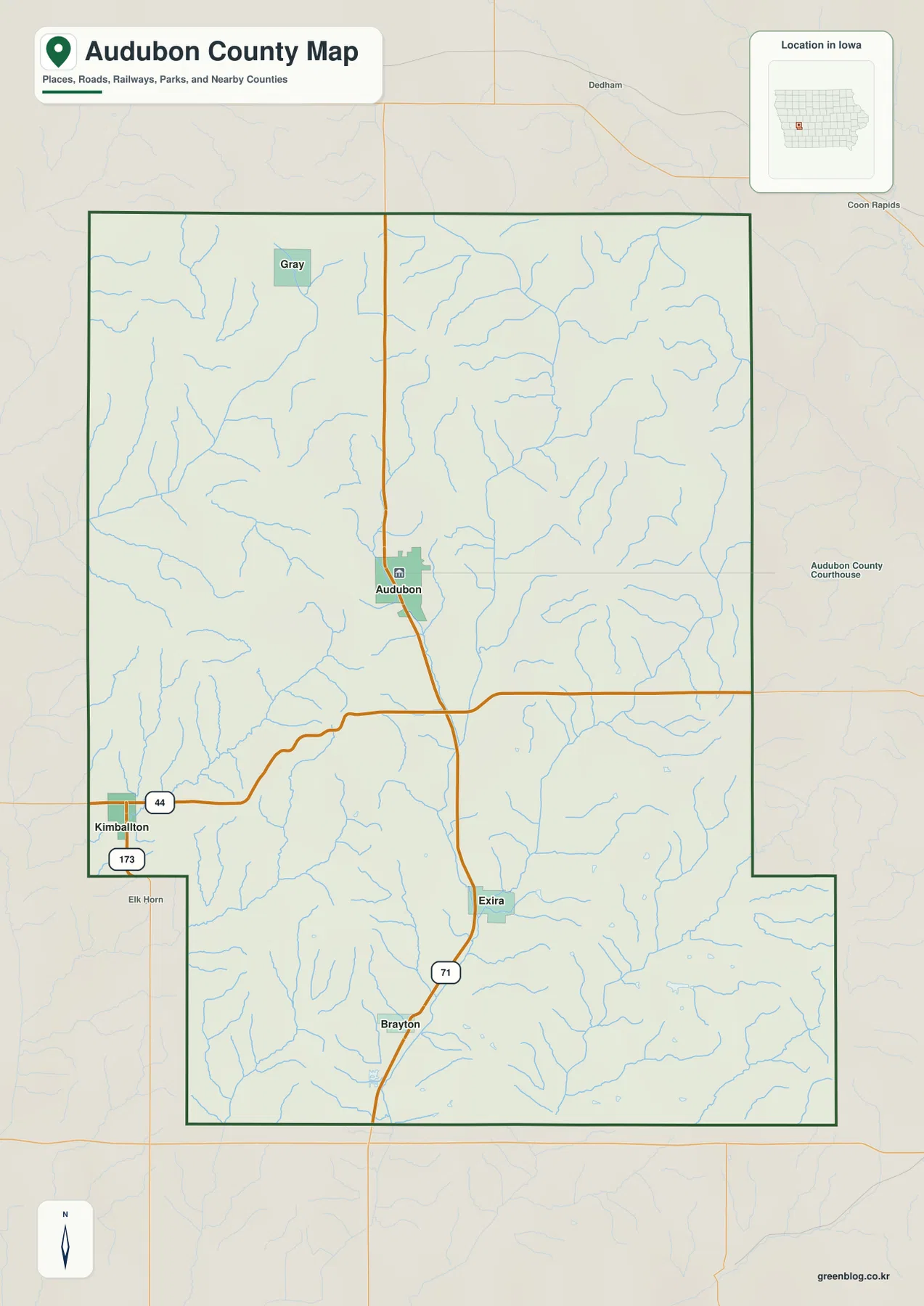 Audubon County general map showing Audubon, Exira, Brayton, Kimballton, U.S. 71, Iowa 44, and streams