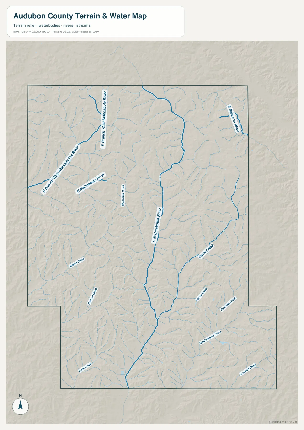 Audubon County water map showing East Nishnabotna River, West Nishnabotna River, South Raccoon River, and named creeks