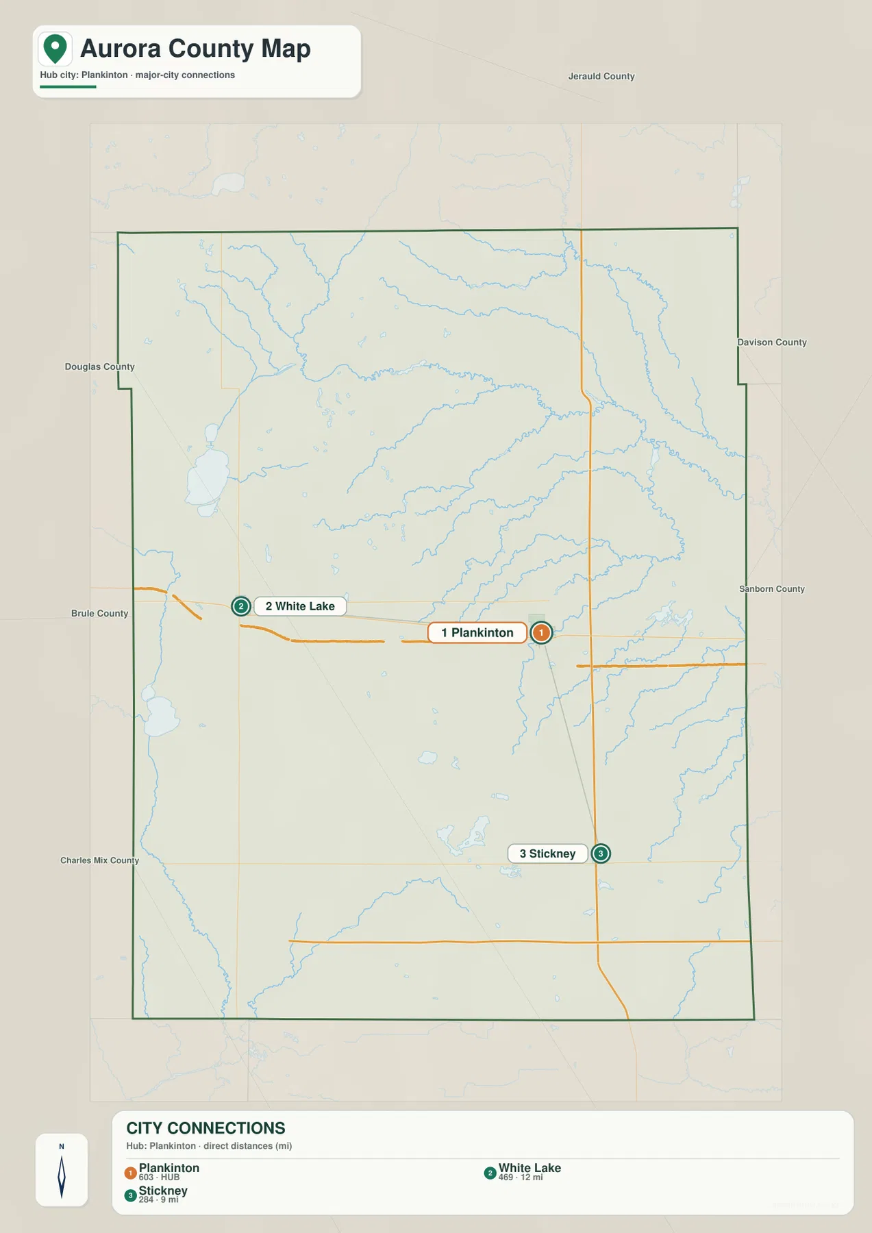 Aurora County city connections with Plankinton, White Lake and Stickney straight-line distances