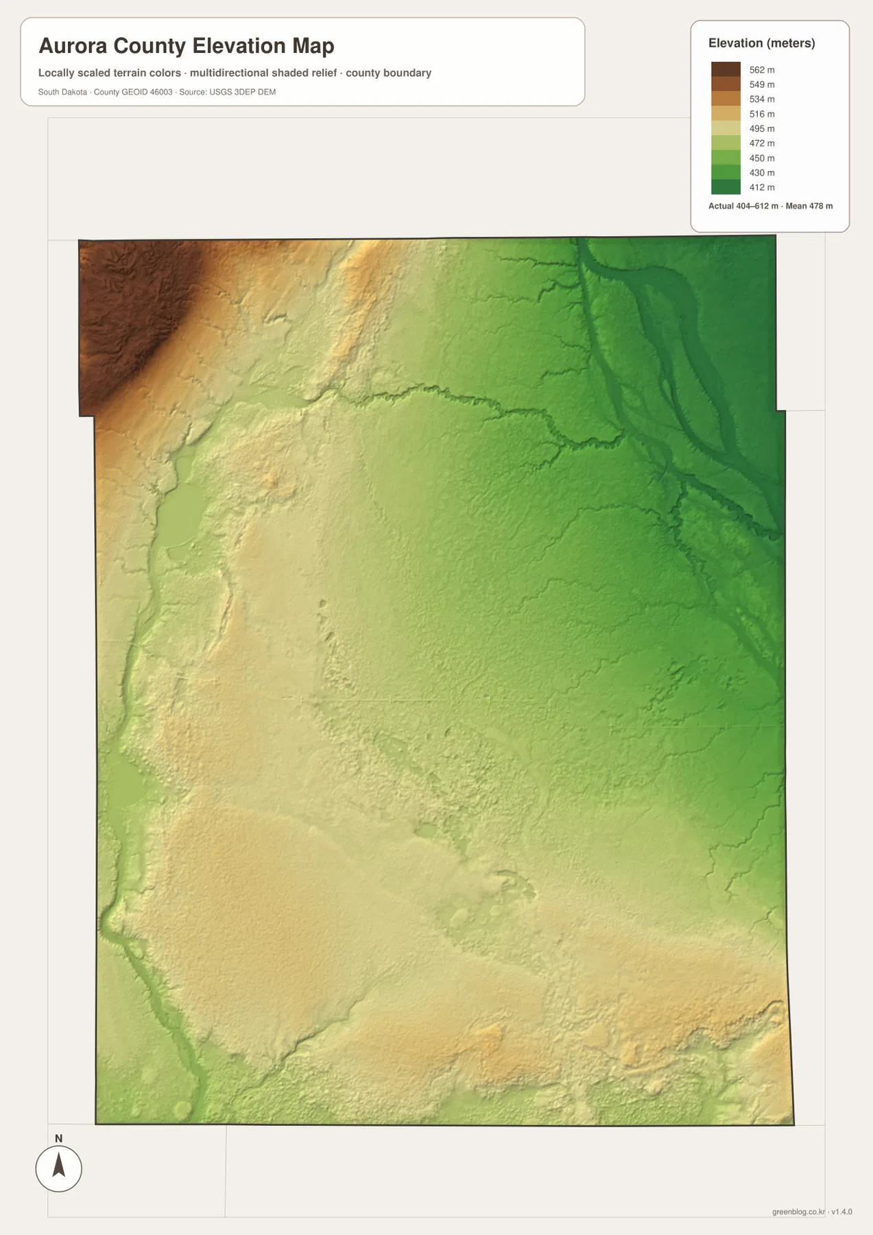 Aurora County elevation map showing a 404 to 612 meter range, higher northwest and lower northeast