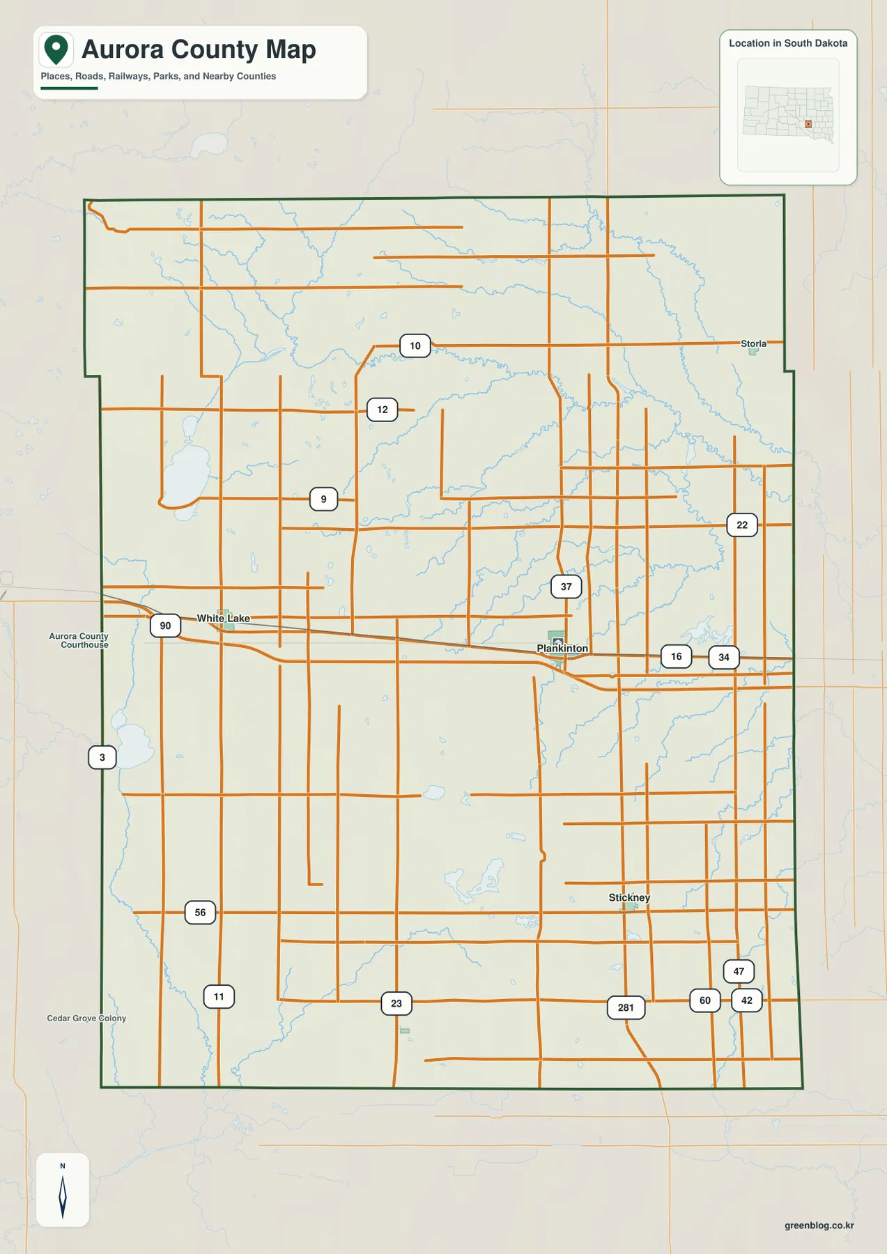 Aurora County map with Plankinton, White Lake, Stickney, I-90, US 281 and local roads