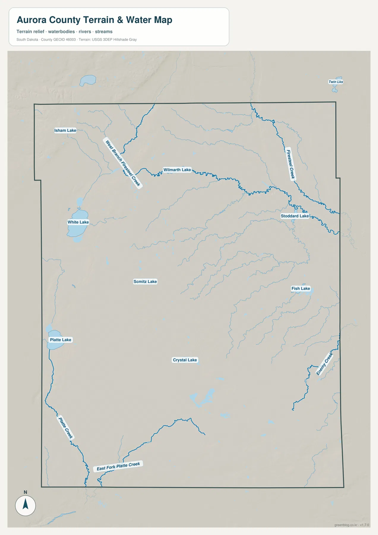 Aurora County terrain and water map with Firesteel Creek, West Branch Firesteel Creek, Platte Creek, White Lake and other lakes