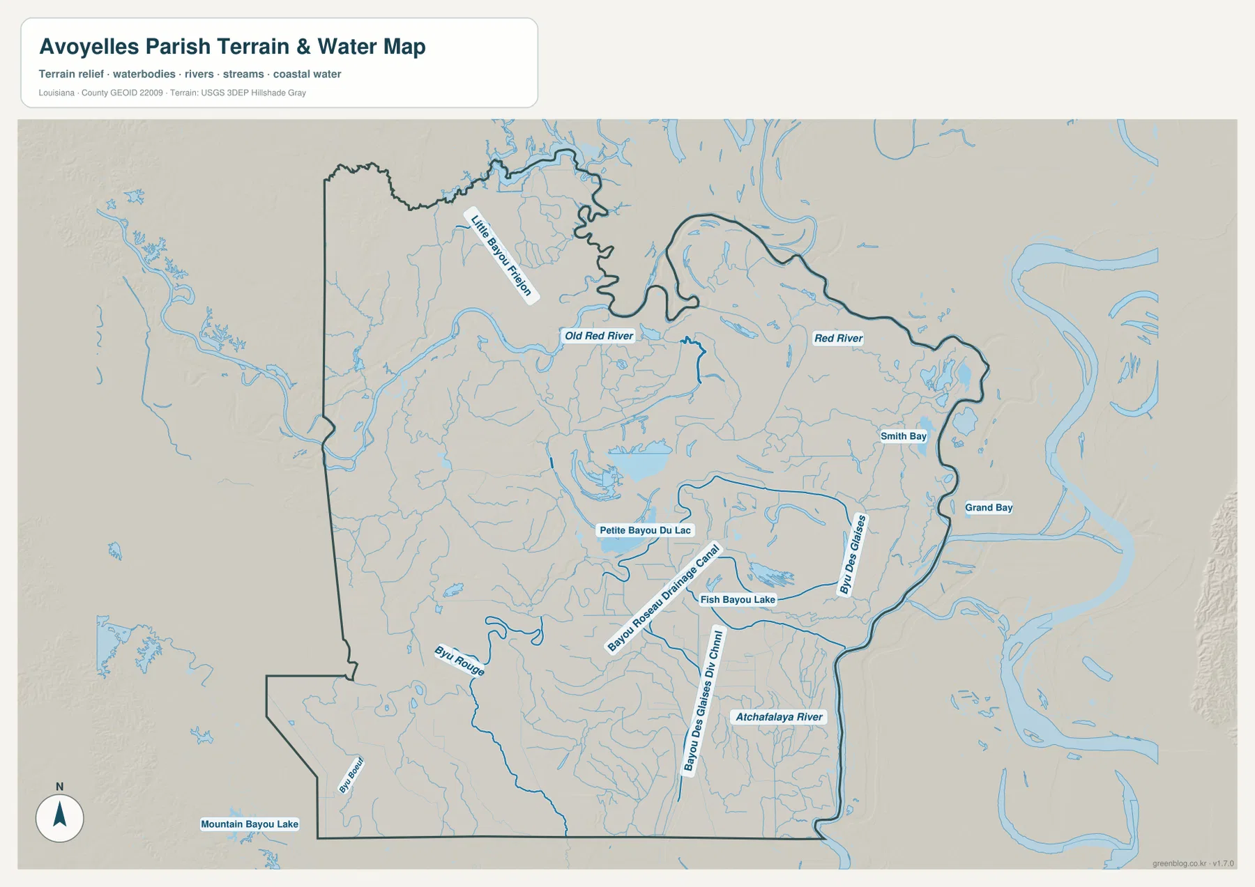 Avoyelles Parish terrain and water map showing Red River, Old Red River, Atchafalaya River, Little Bayou Preston, Petite Bayou Du Lac, Bayou des Glaises, Fish Bayou Lake, Bayou Rouge, Smith Bay, Grand Bay, and Mountain Bayou Lake