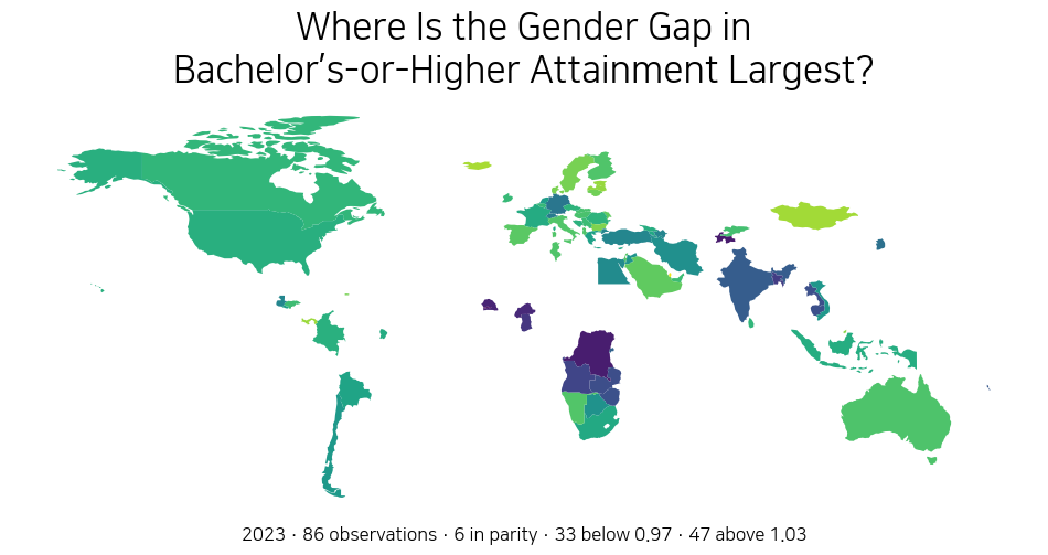 World map of the 2023 adjusted gender parity index for bachelor’s-or-higher attainment
