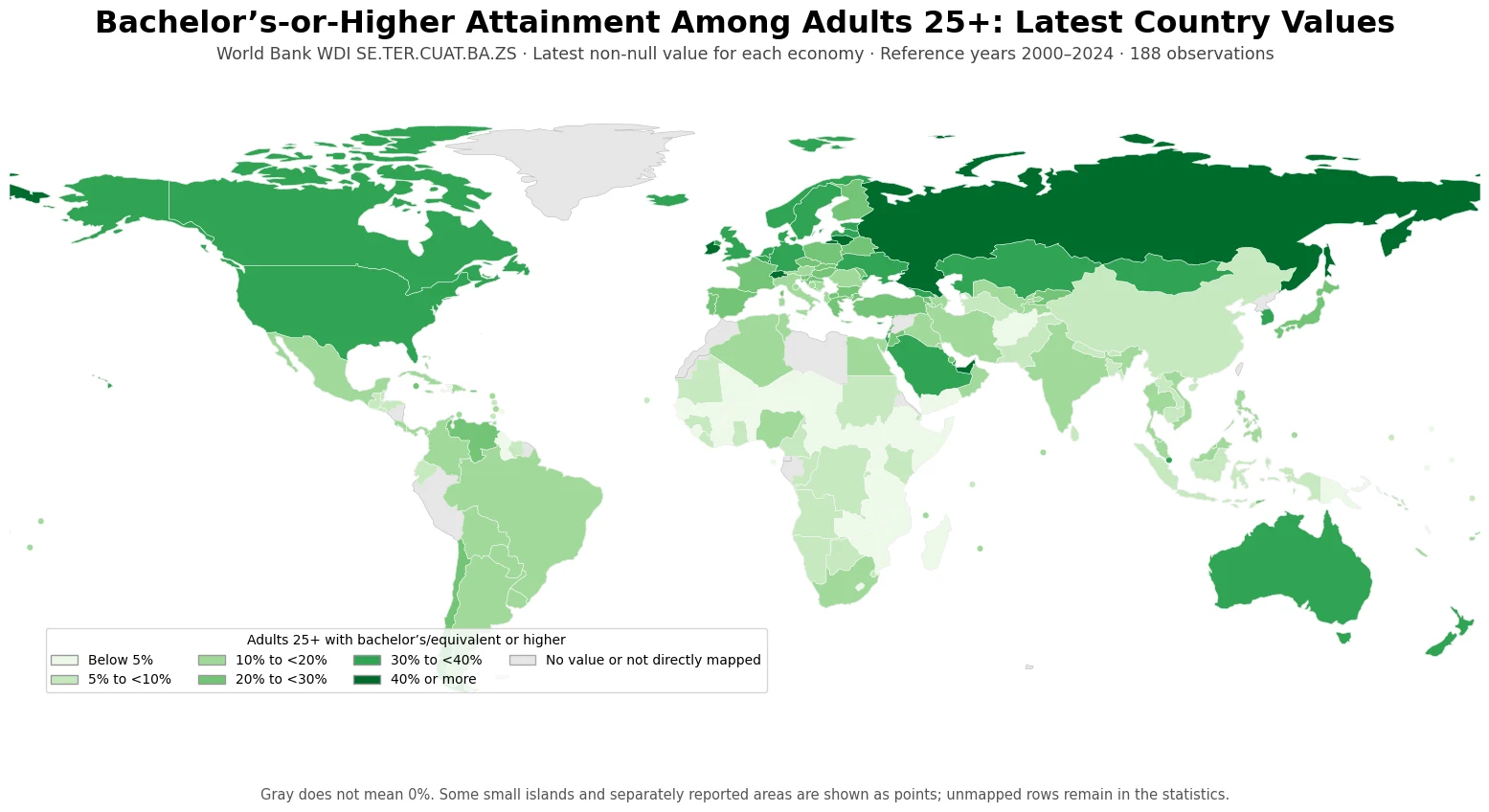 World map of the latest available share of adults age 25 and older with bachelor’s or equivalent education or higher by country