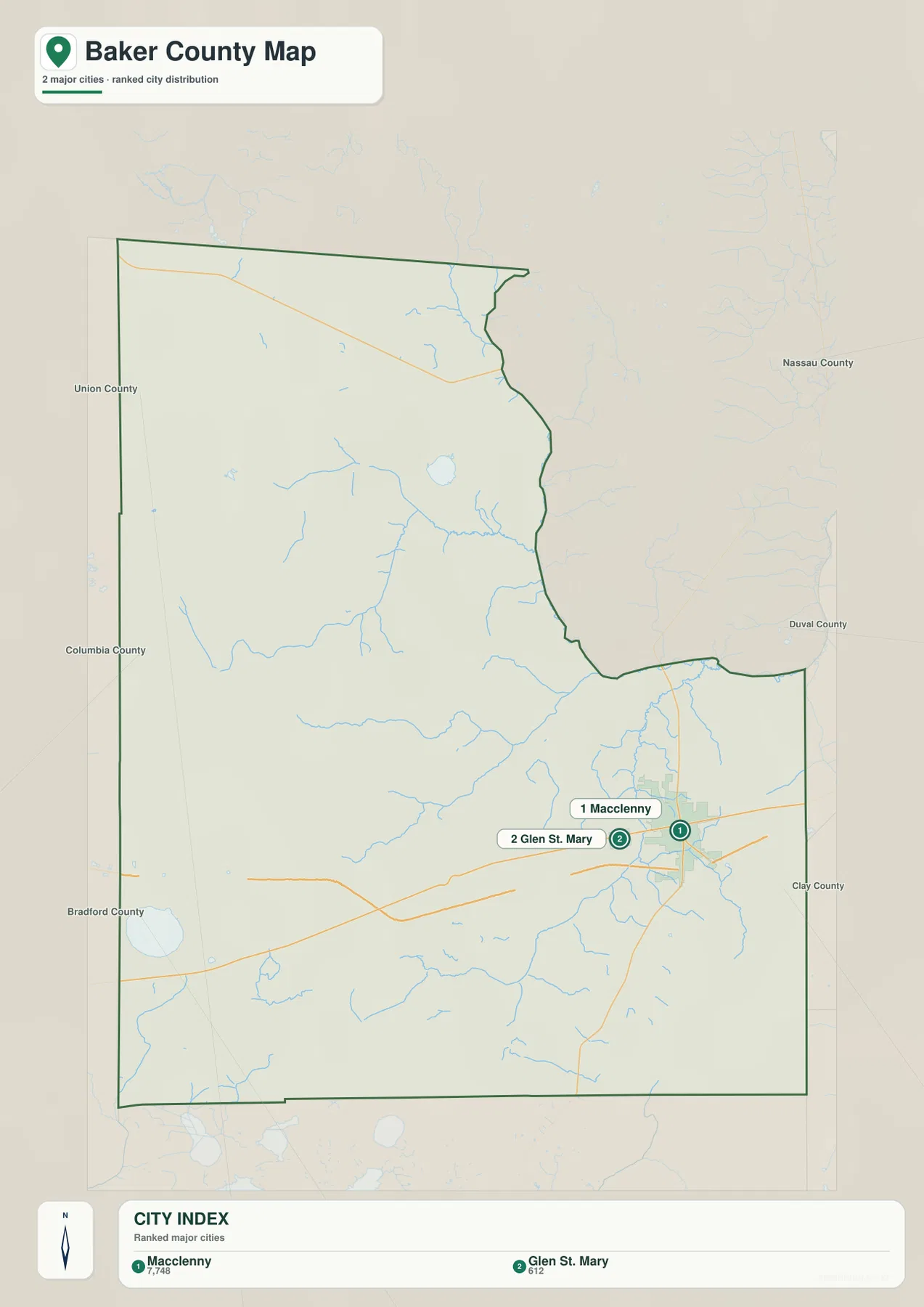 Baker County city map ranking Macclenny and Glen St. Mary and showing neighboring counties