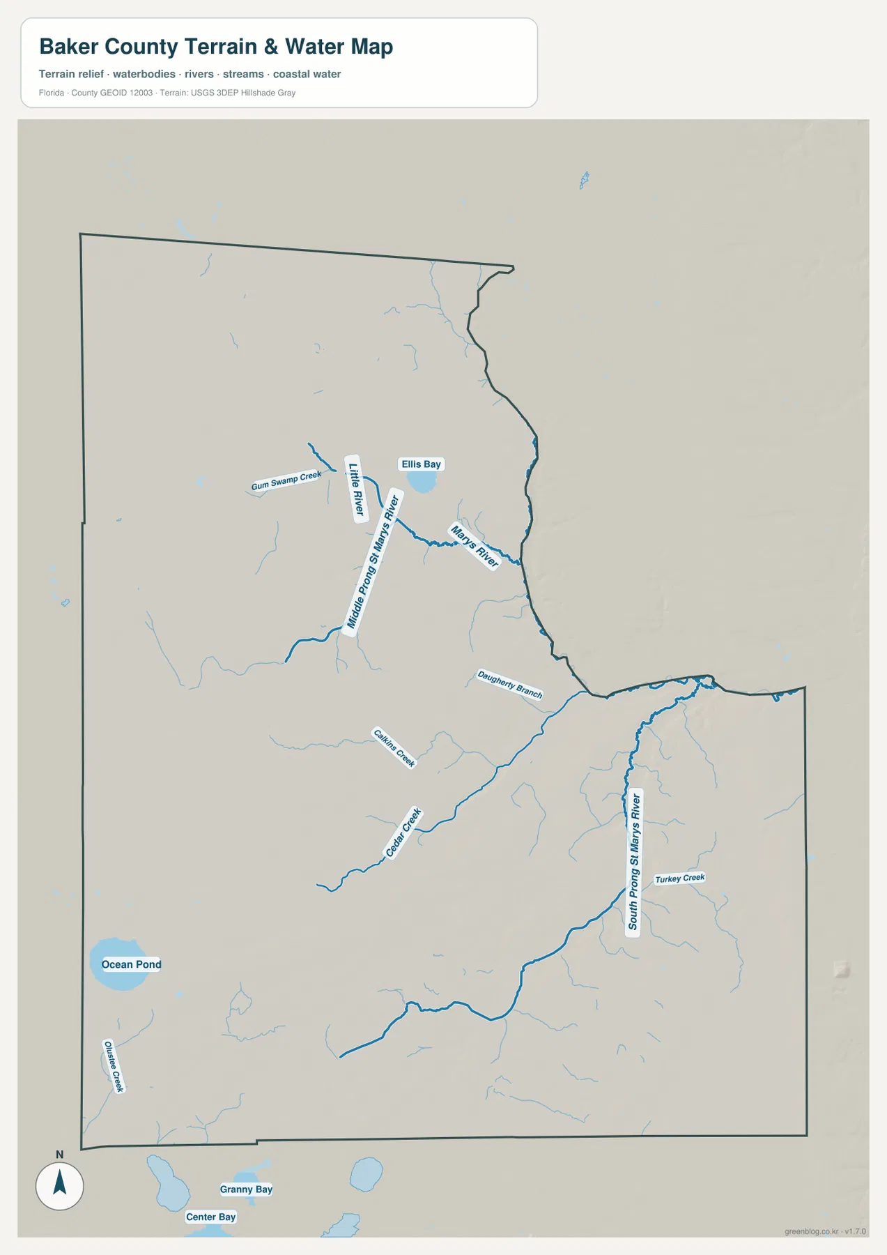 Baker County terrain and water map showing St. Marys River branches, creeks, bays, and Ocean Pond