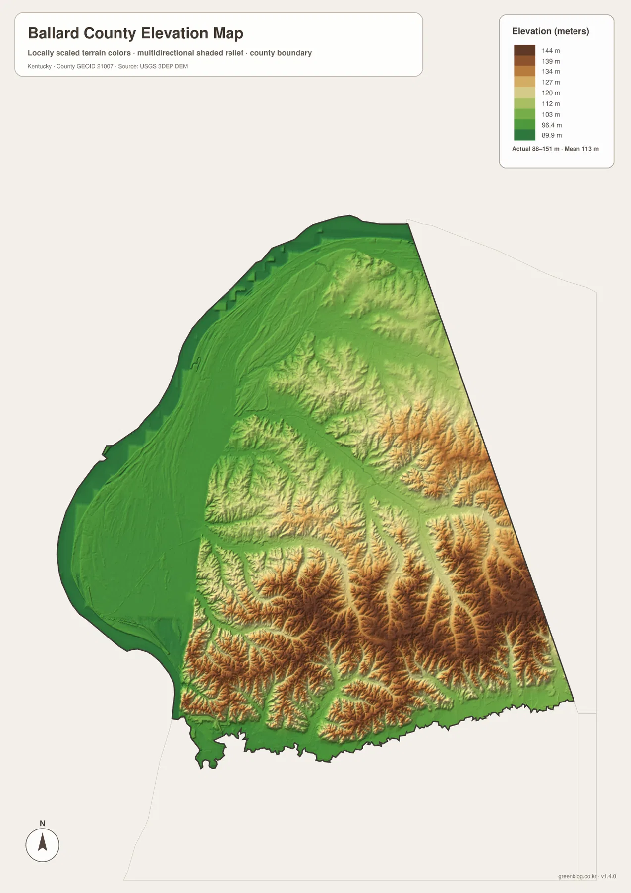Ballard County Kentucky elevation map showing 88 to 151 meter relief, Mississippi and Ohio River floodplains and higher eastern hills