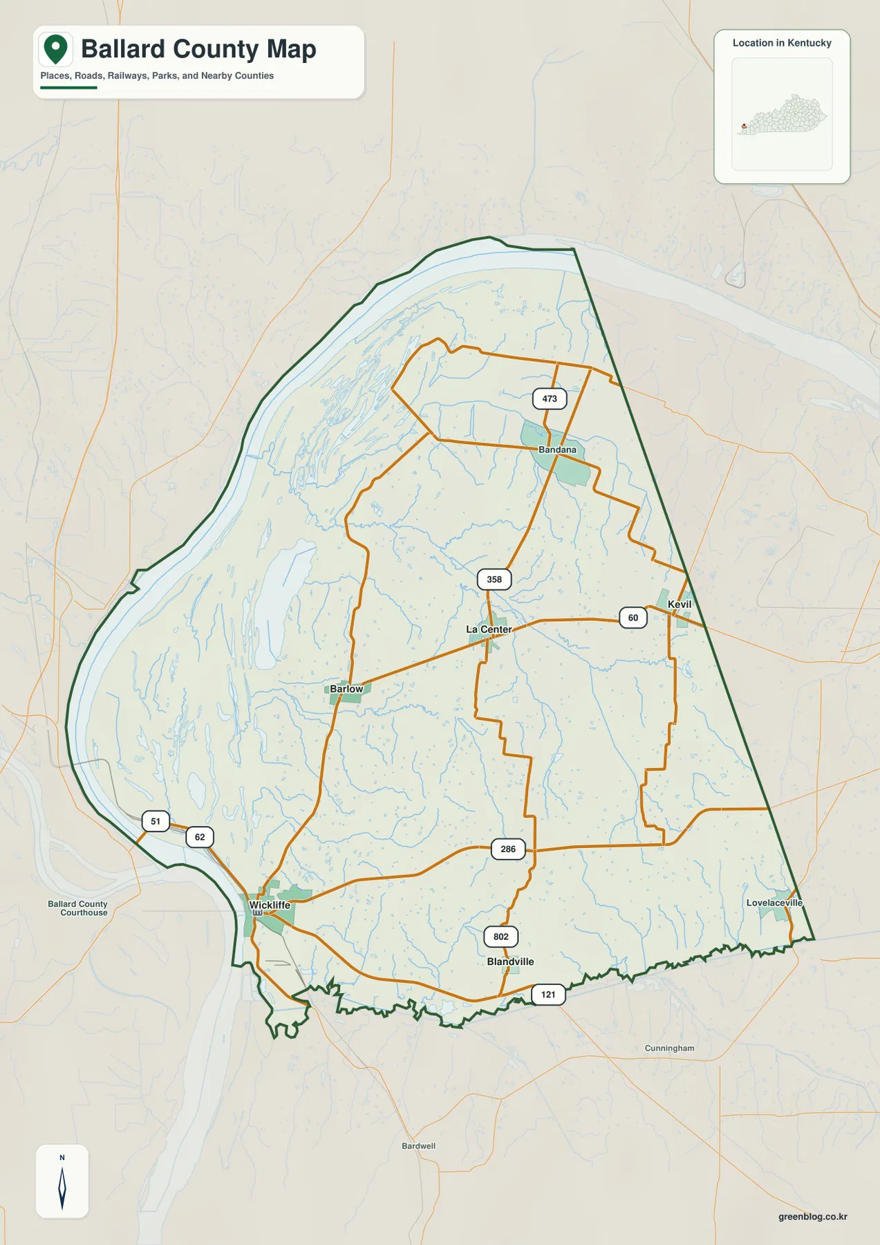 발라드 카운티 Wickliffe, La Center, Kevil, Barlow, Blandville와 KY 51, 60, 62, 286, 358, 473 도로 지도