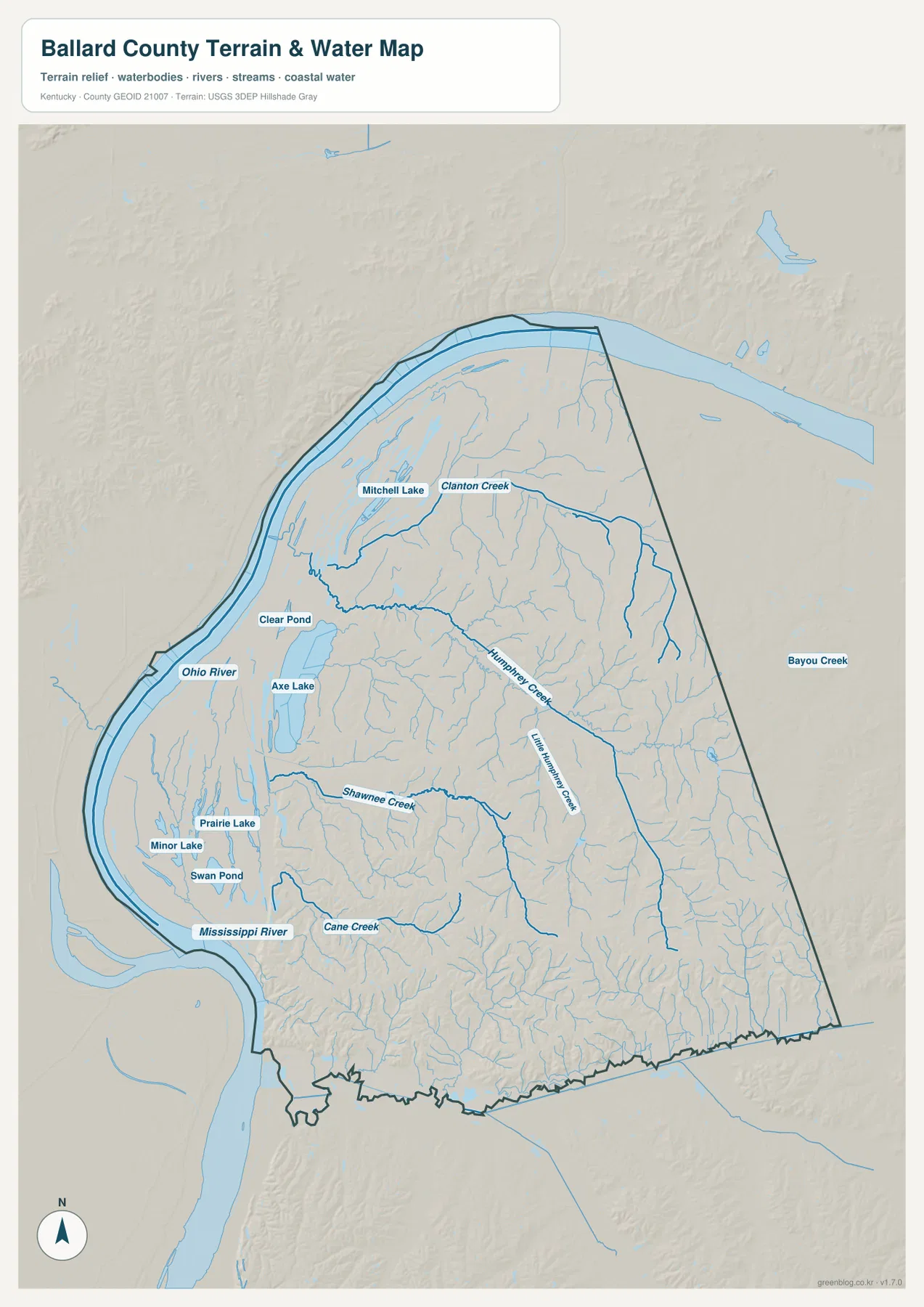 발라드 카운티 Ohio River, Mississippi River, Humphrey Creek, Shawnee Creek와 범람원 호수 수역 지도